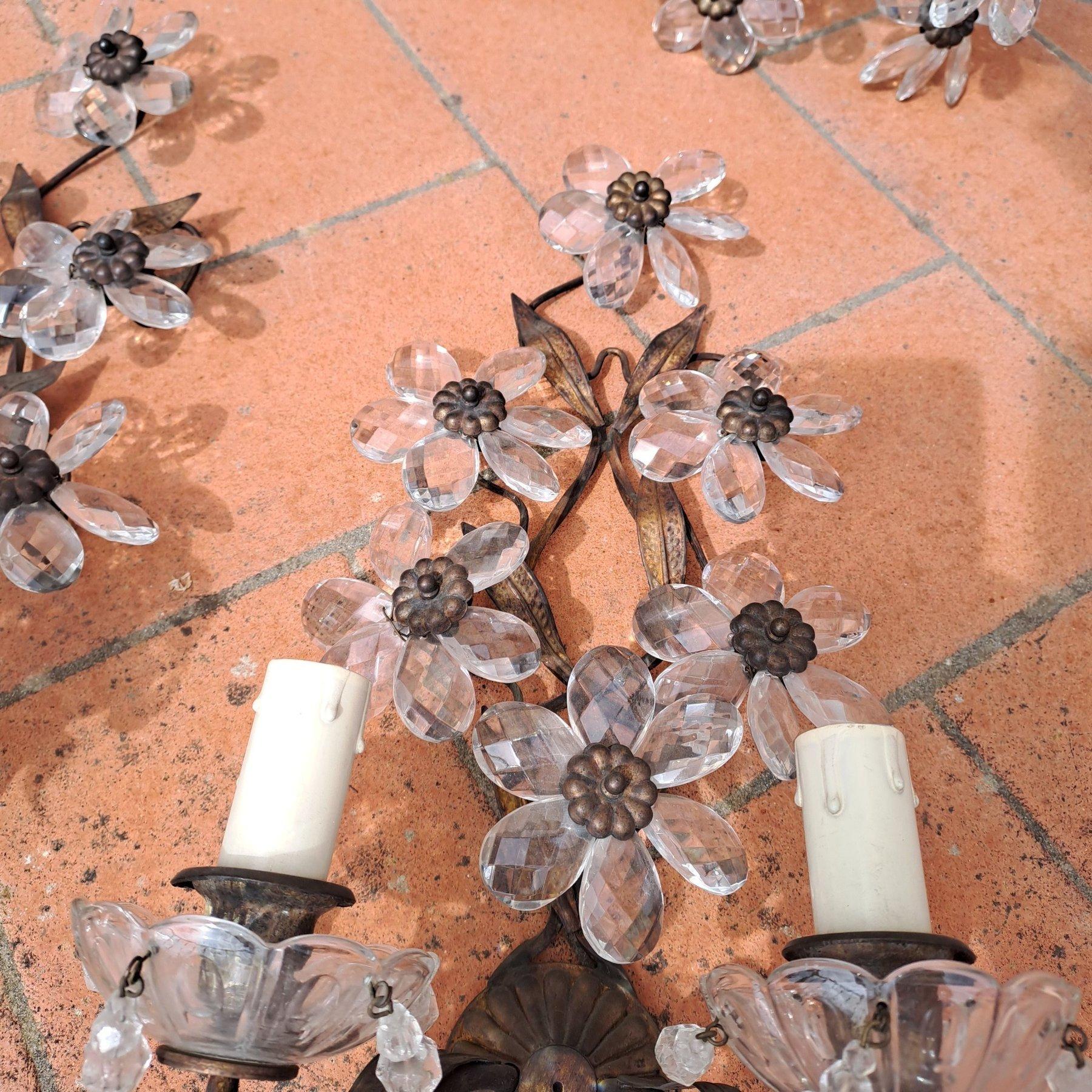 Pair Maison Baguès Wrought Iron Clear Crystal Flower Wall Sconces, 1920s For Sale 7