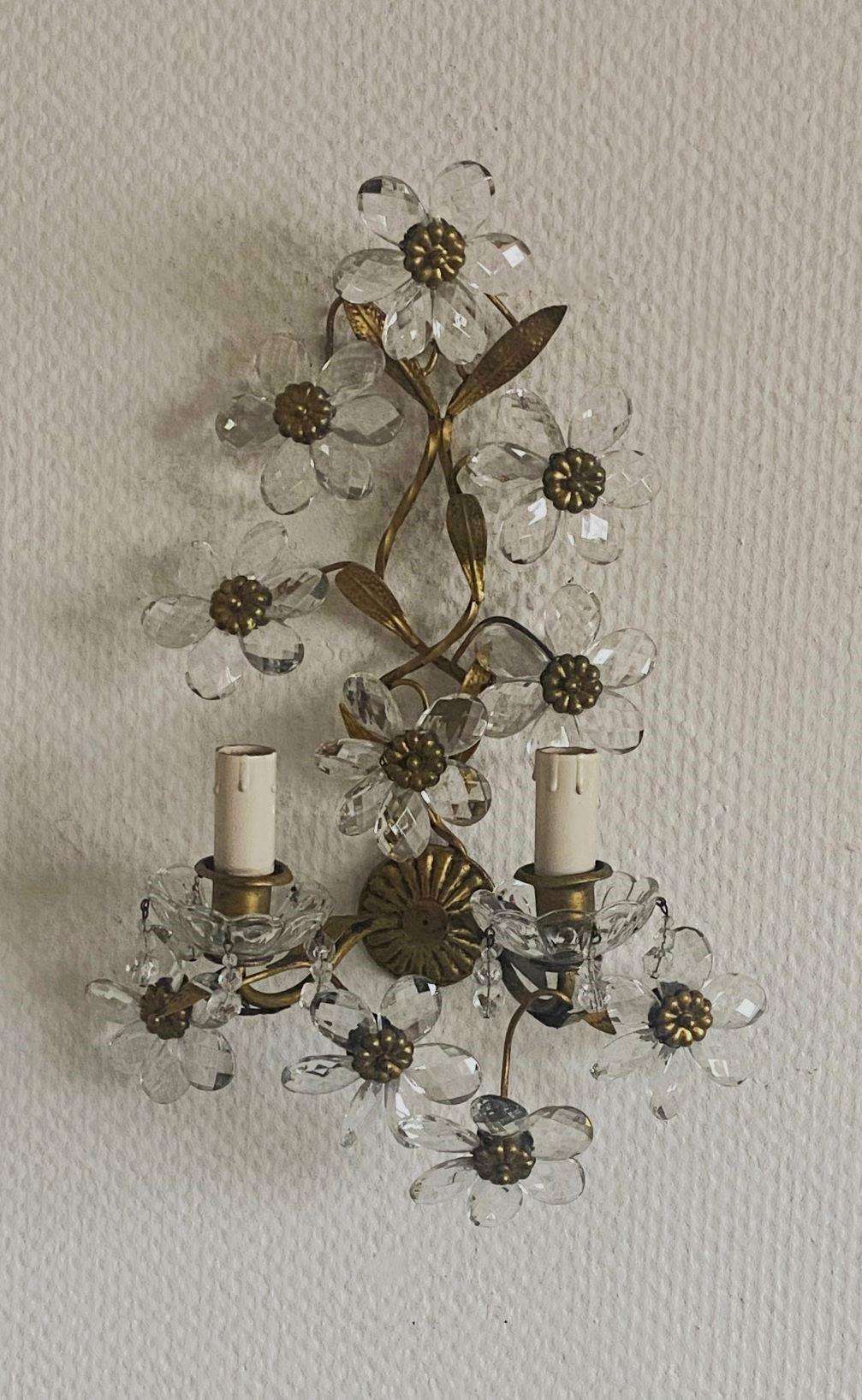 Art Deco Pair of Maison Baguès Wrought Iron Clear Crystal Flower Wall Sconces, 1920s For Sale