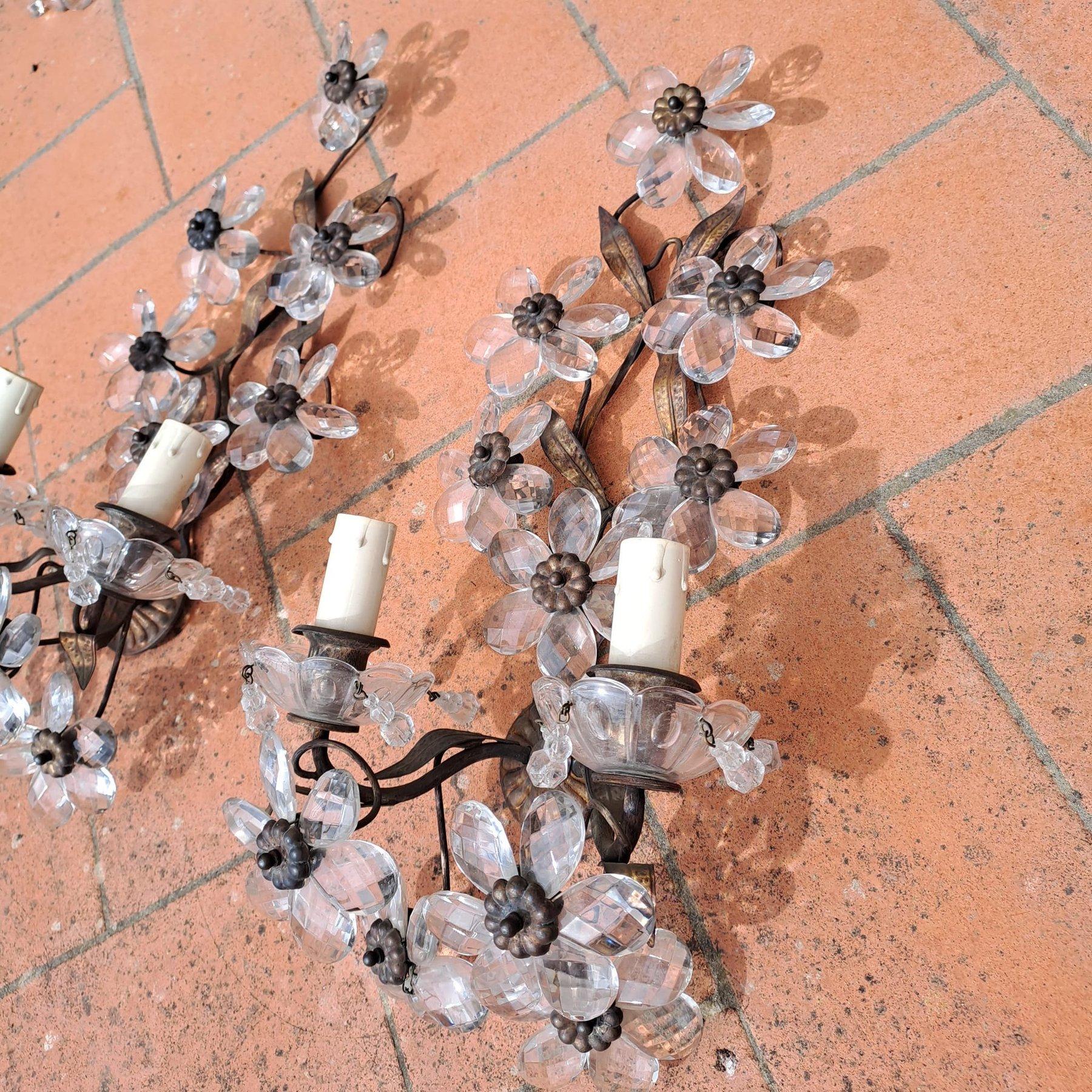 Pair of Maison Baguès Wrought Iron Clear Crystal Flower Wall Sconces, 1920s For Sale 2