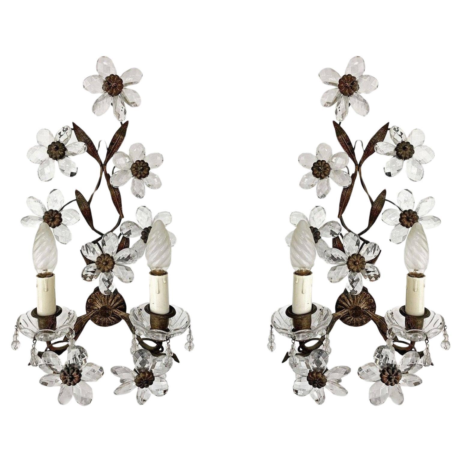 Pair Maison Baguès Wrought Iron Clear Crystal Flower Wall Sconces, 1920s For Sale