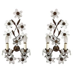 Pair Maison Baguès Wrought Iron Clear Crystal Flower Wall Sconces, 1920s