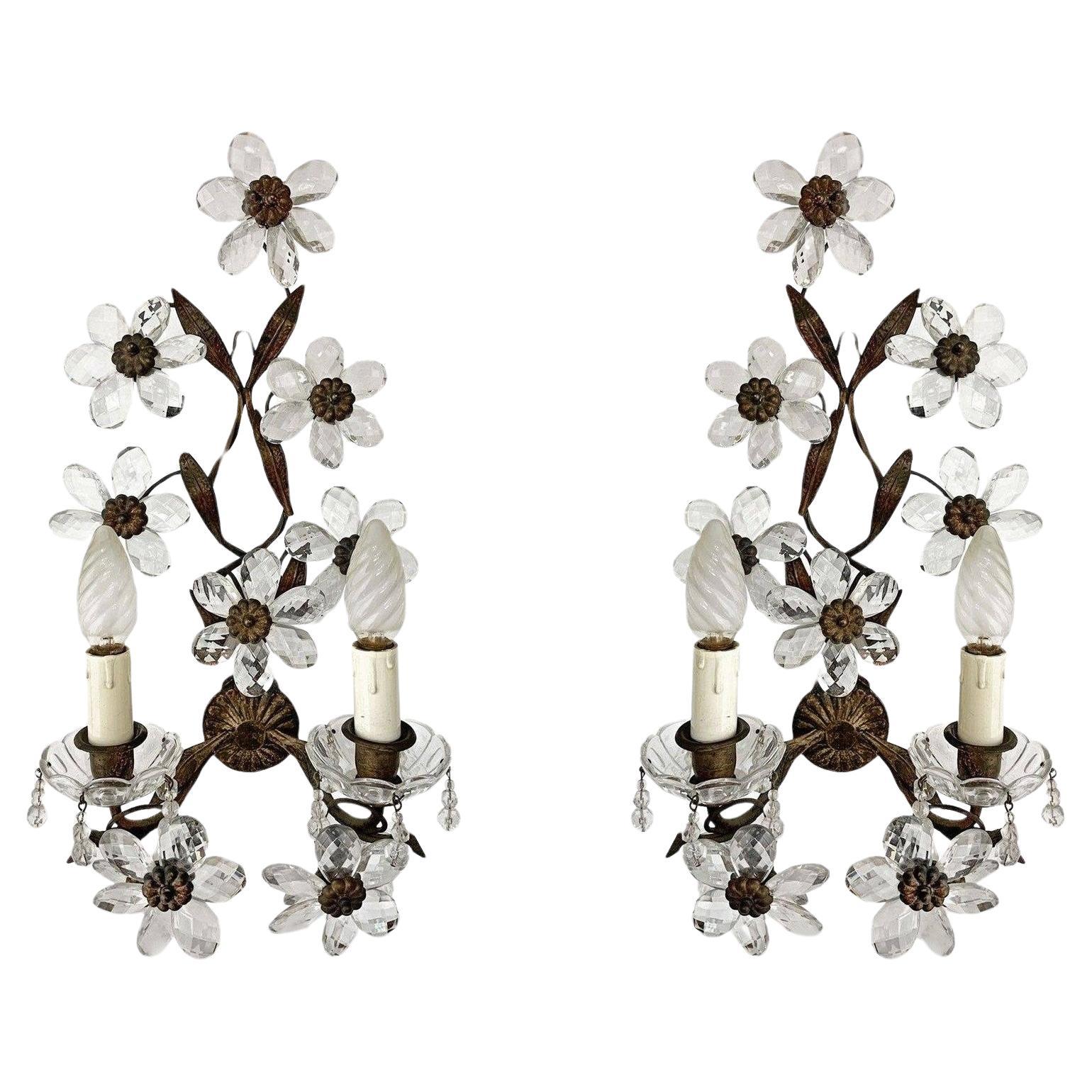 Pair of Maison Baguès Wrought Iron Clear Crystal Flower Wall Sconces, 1920s