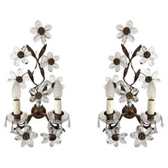 Pair of Maison Baguès Wrought Iron Clear Crystal Flower Wall Sconces, 1920s