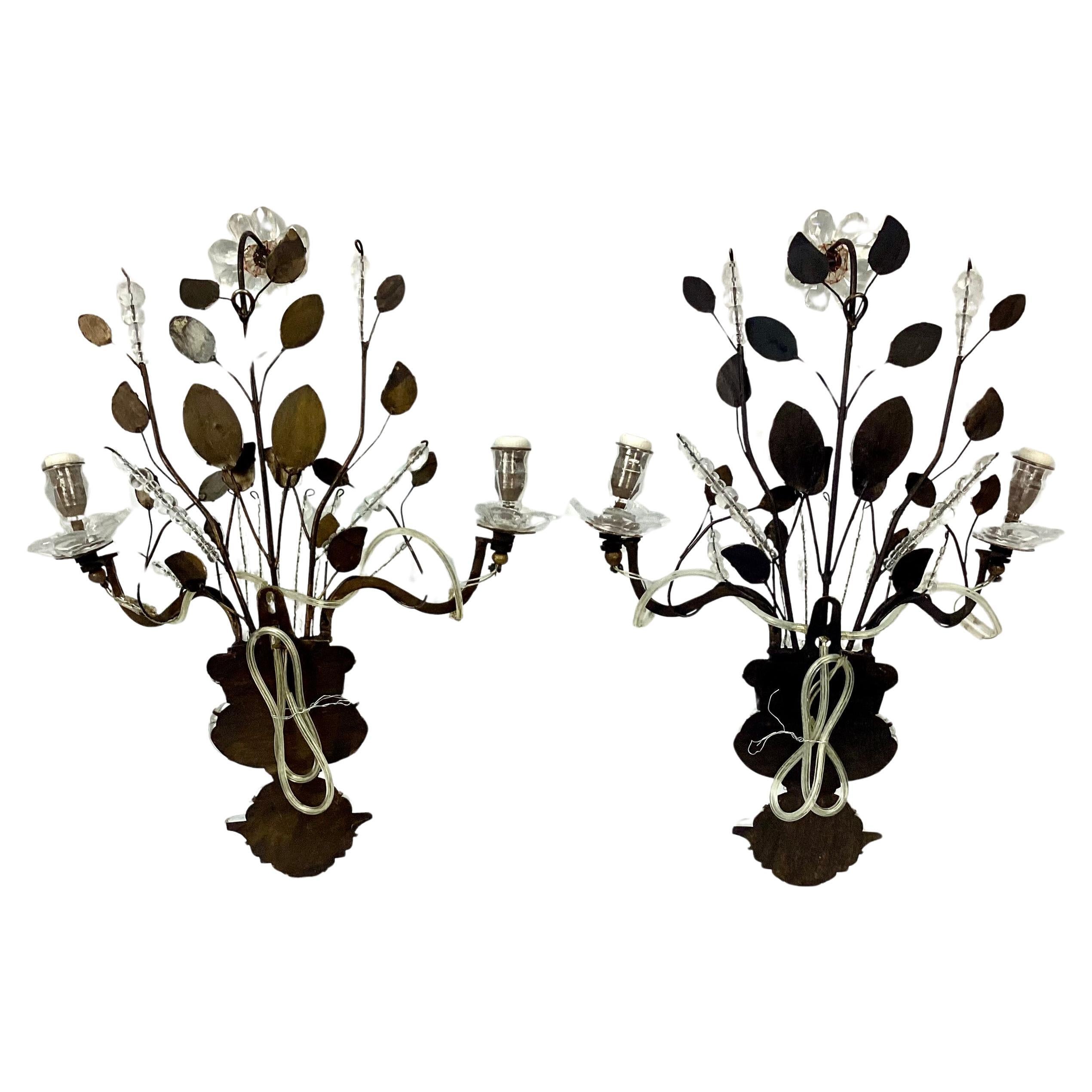 French Provincial Pair Of Maison Baquès Crystal & Gilt Iron Sconces For Sale