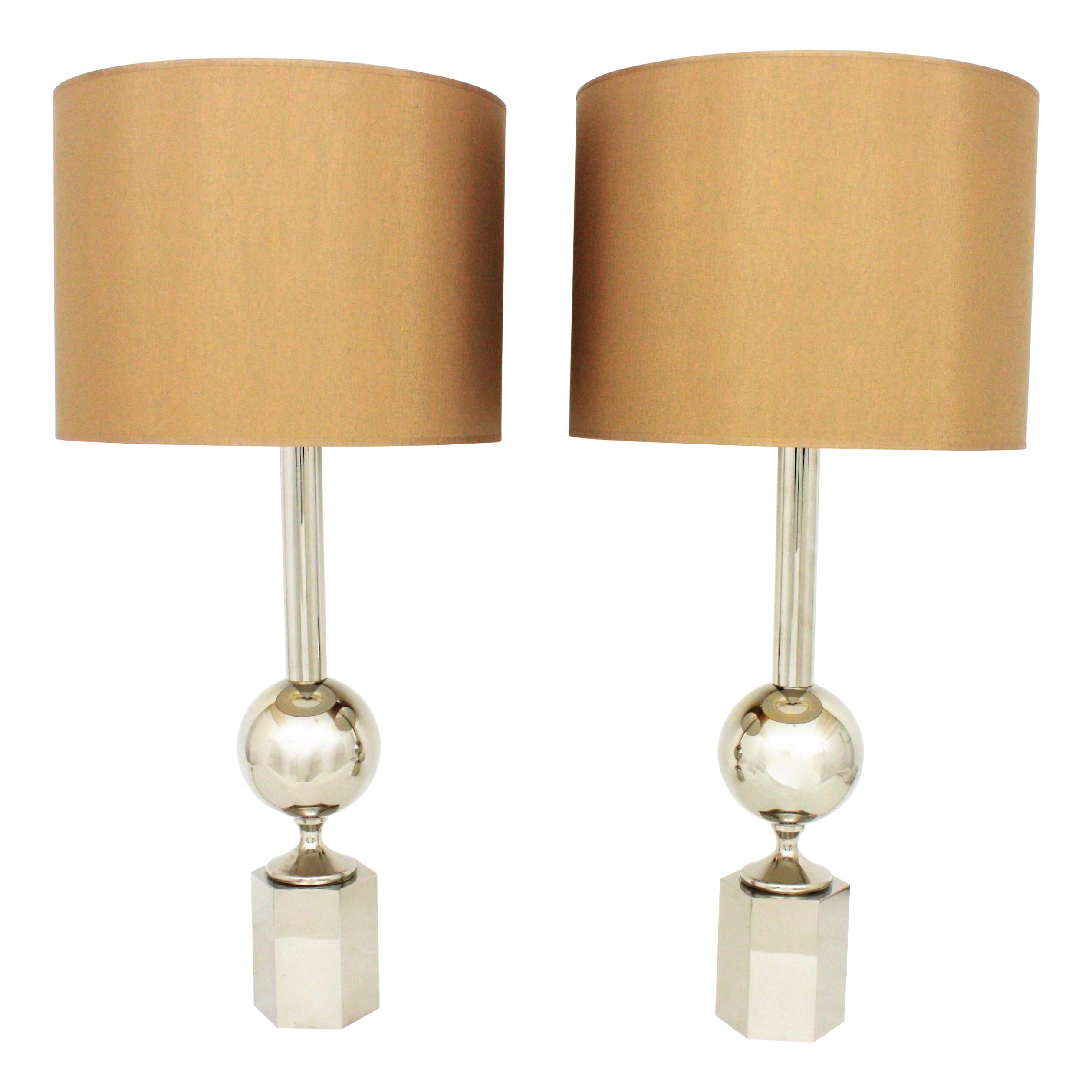 Pair of Maison Barbier Hexagon Ball Tall Table Lamps in Chromed Steel  For Sale