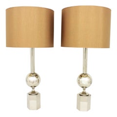 Pair of Maison Barbier Hexagon Ball Tall Table Lamps in Chromed Steel 