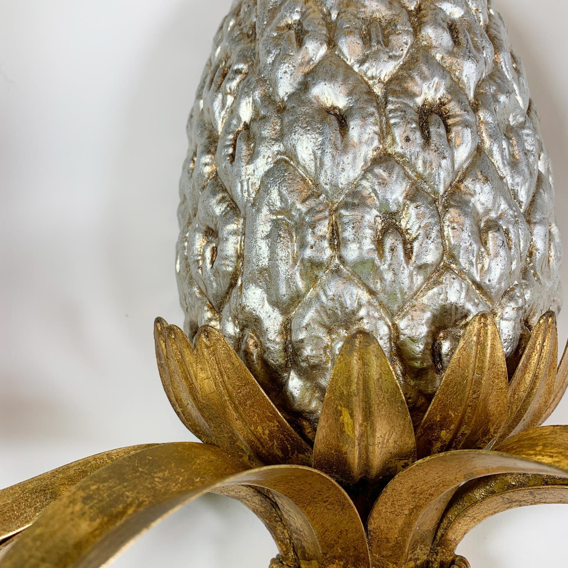 Hollywood Regency Pair of Maison Charles Gilt Silver Pineapple Wall Lights