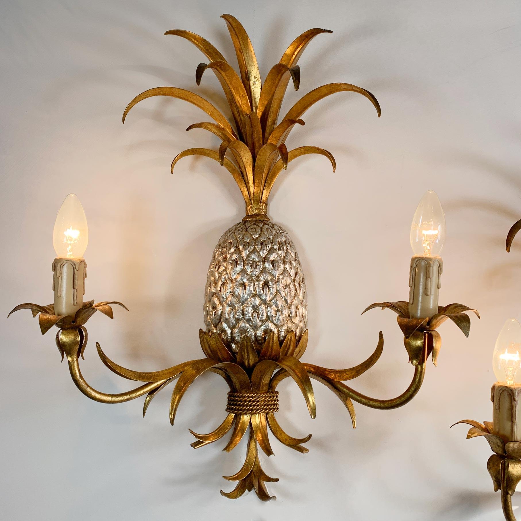 French Pair of Maison Charles Gilt Silver Pineapple Wall Lights