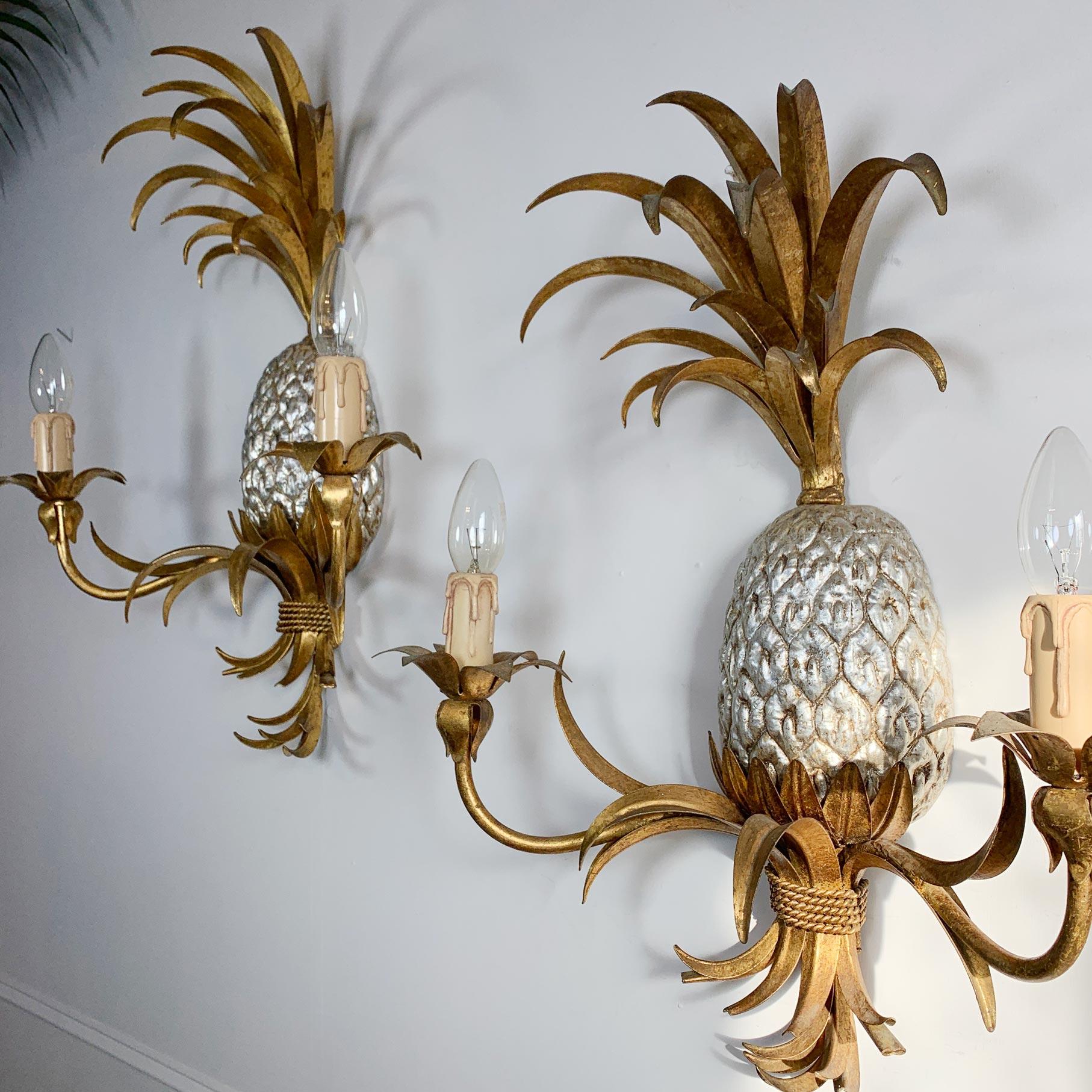 Mid-20th Century Pair of Maison Charles Gilt Silver Pineapple Wall Lights