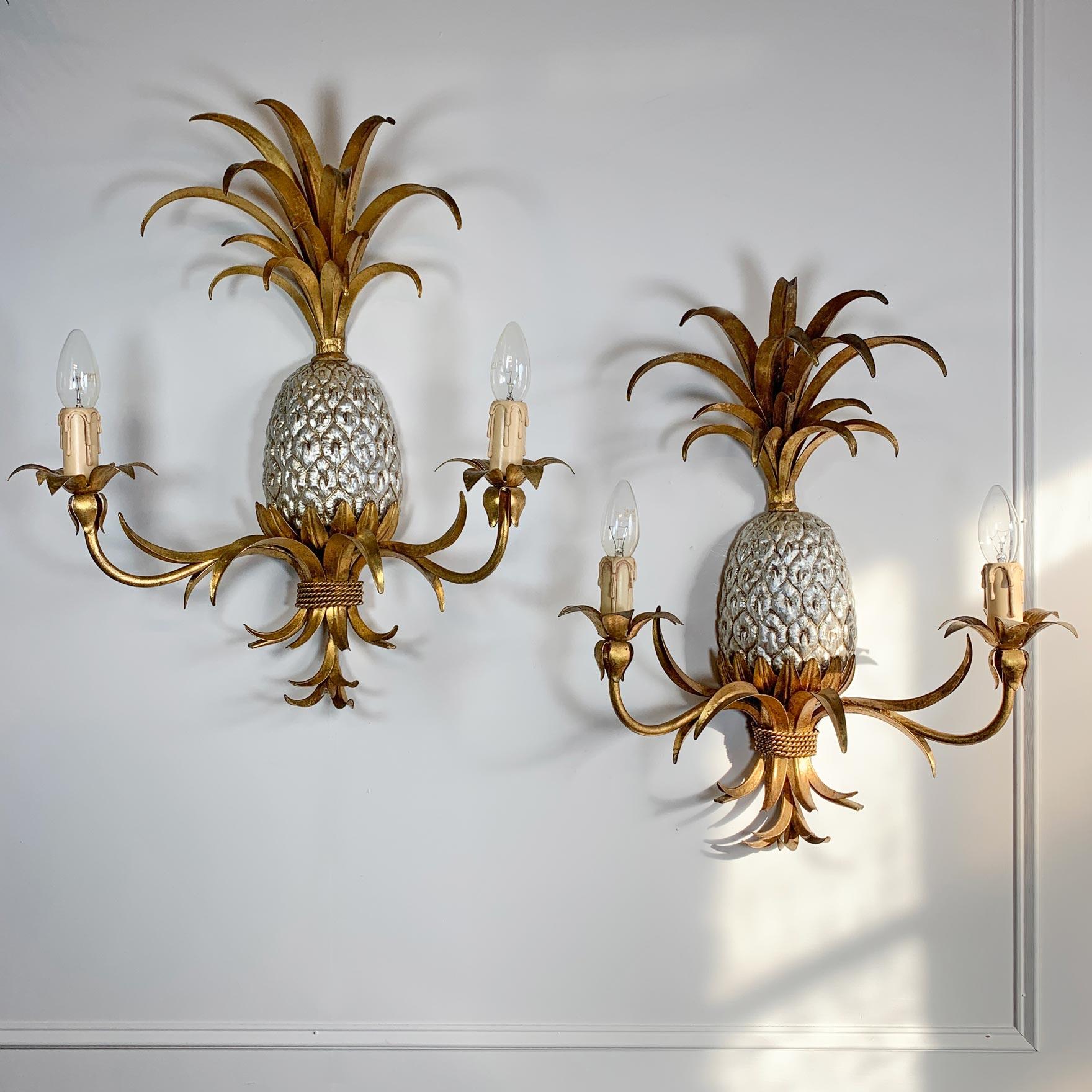 Iron Pair of Maison Charles Gilt Silver Pineapple Wall Lights