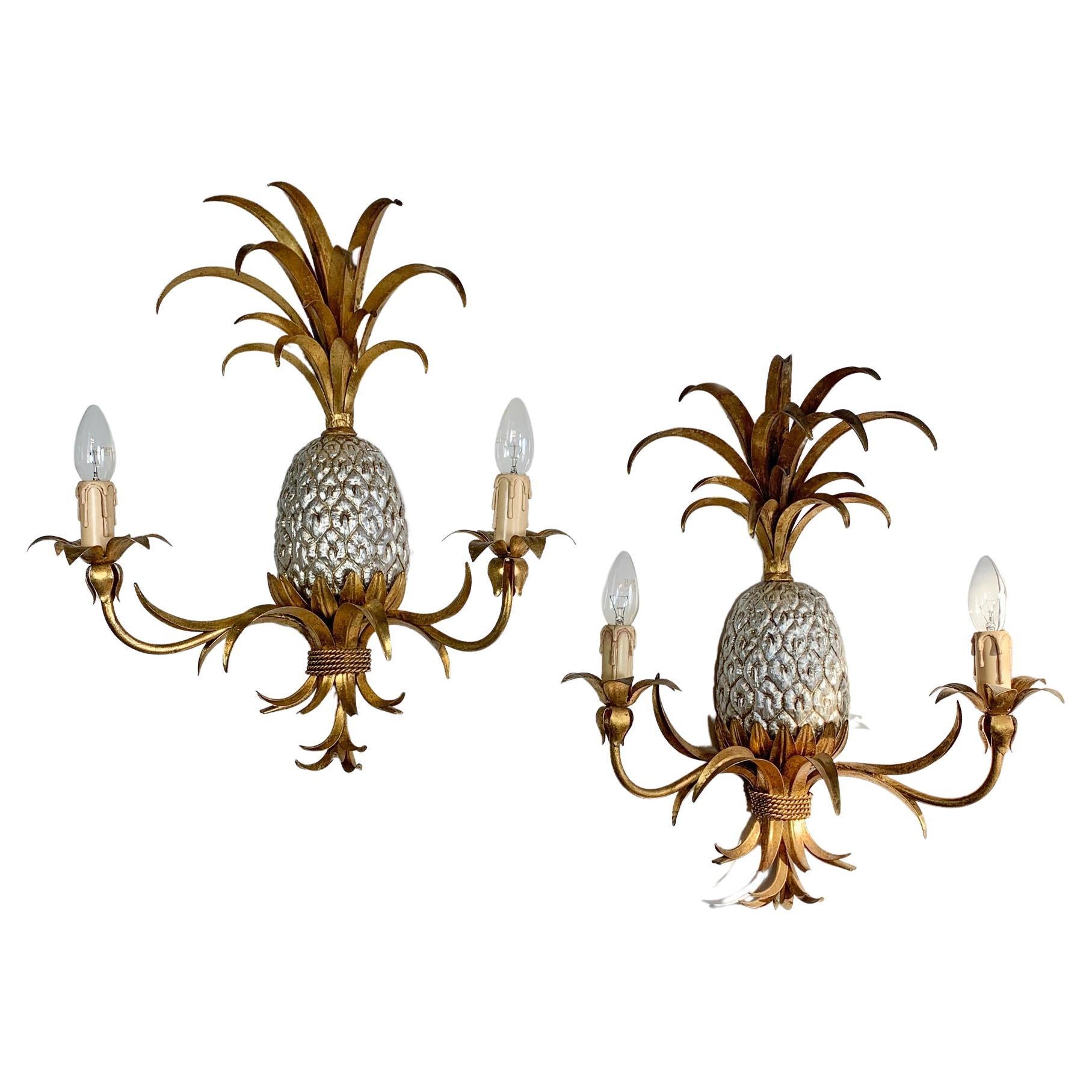 Pair of Maison Charles Gilt Silver Pineapple Wall Lights