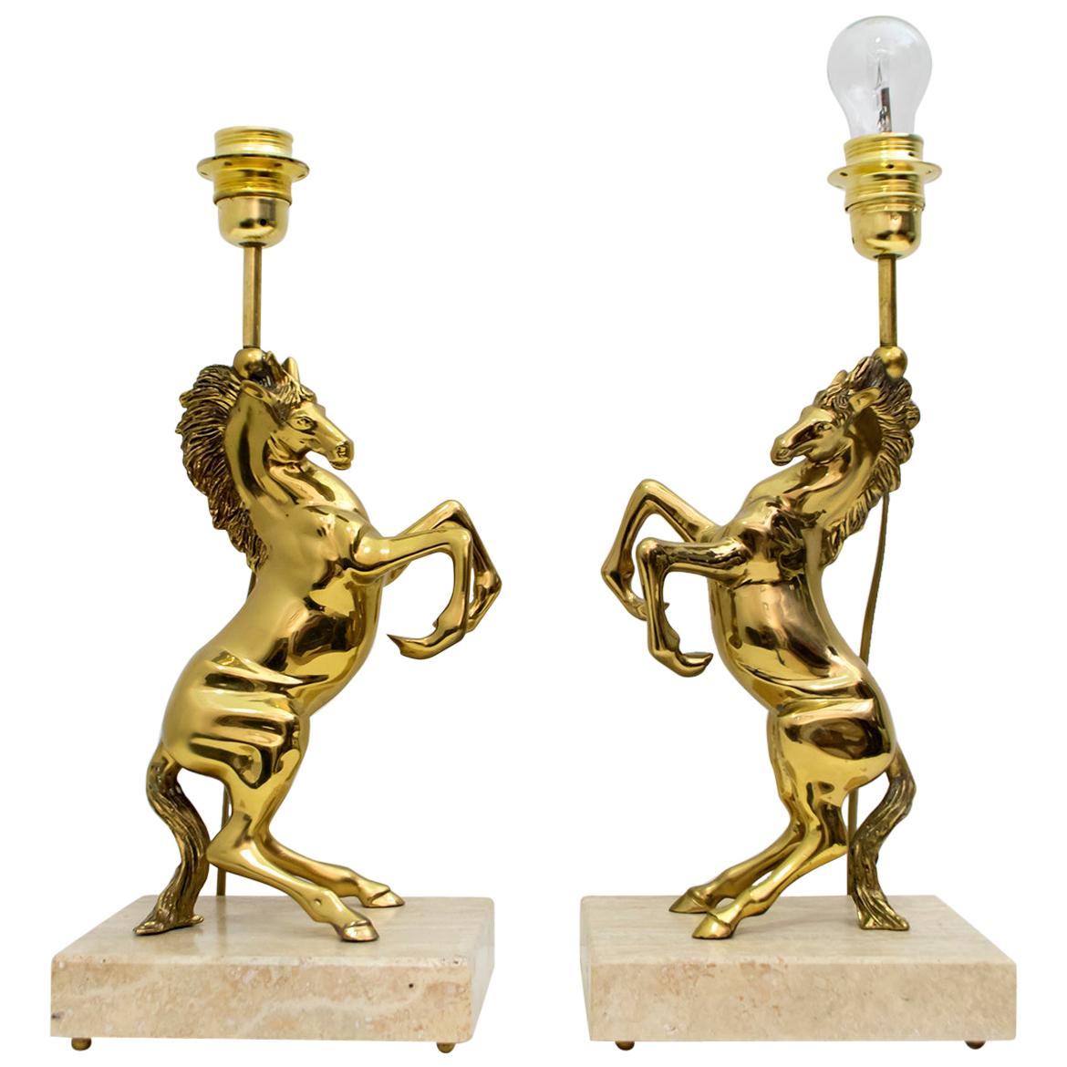 Pair of Maison Charles Mid-Century Modern Brass Horsed French Table Lamps, 1970s