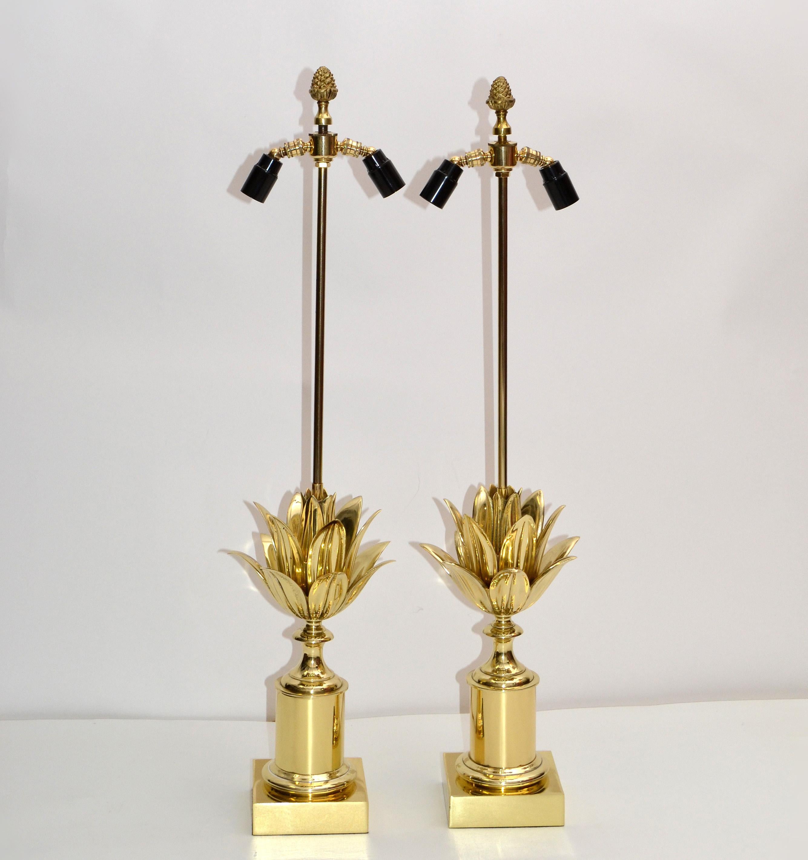 Pair of Maison Charles Neoclassical Lotus Bronze Table Lamp Black & Gold Shade 8