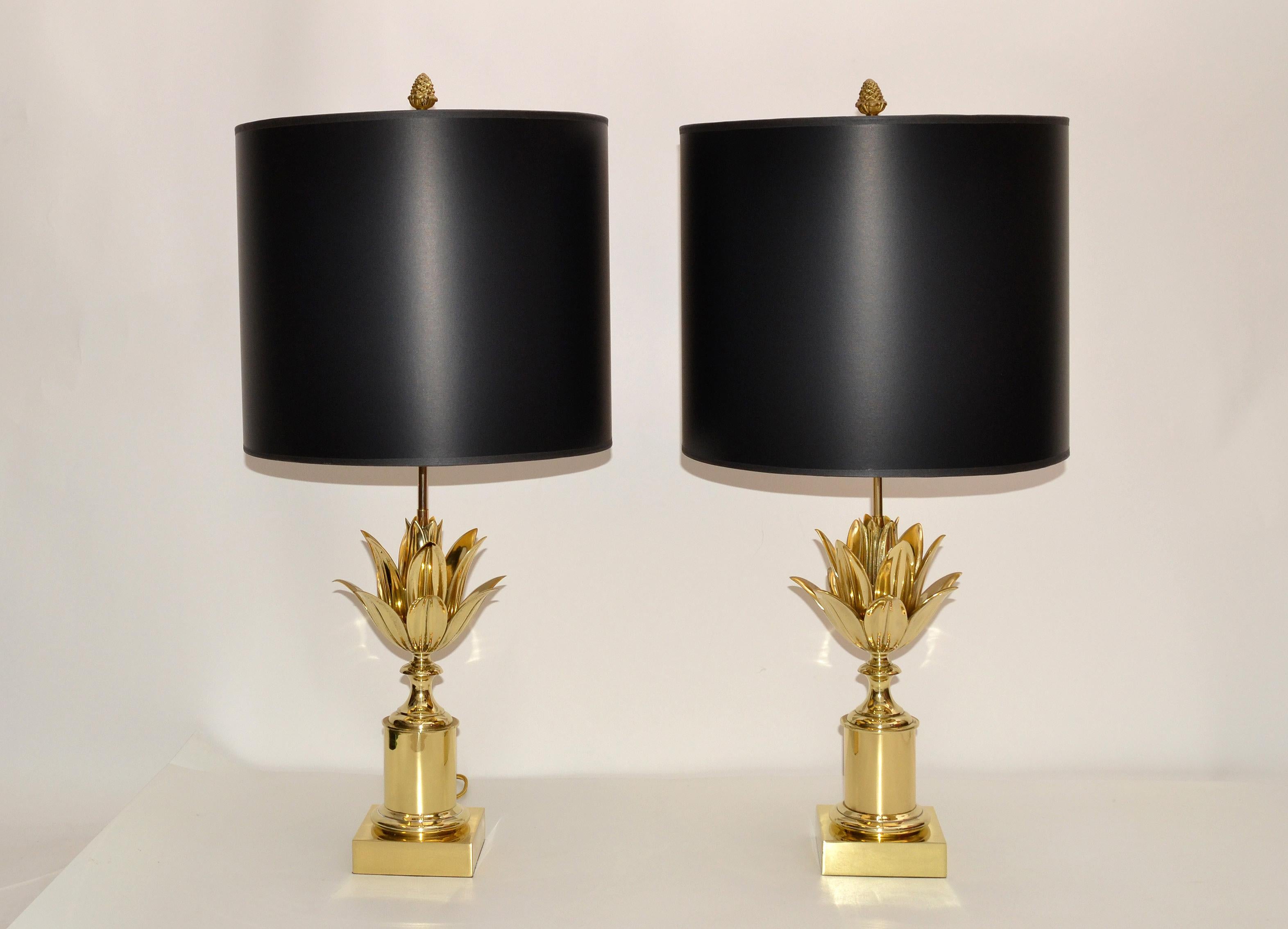 Pair of Maison Charles Neoclassical Lotus Bronze Table Lamp Black & Gold Shade 12