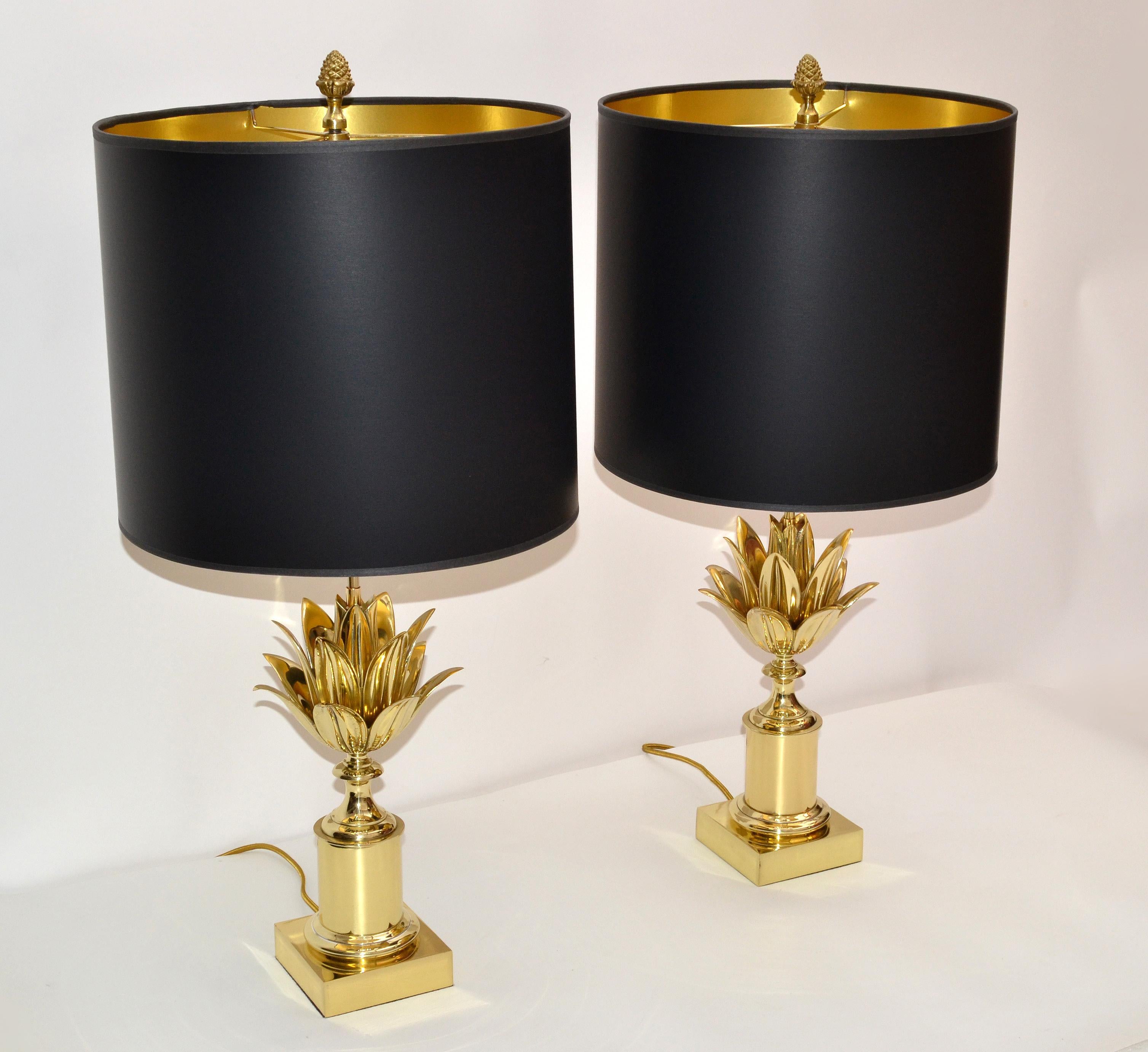 French Pair of Maison Charles Neoclassical Lotus Bronze Table Lamp Black & Gold Shade