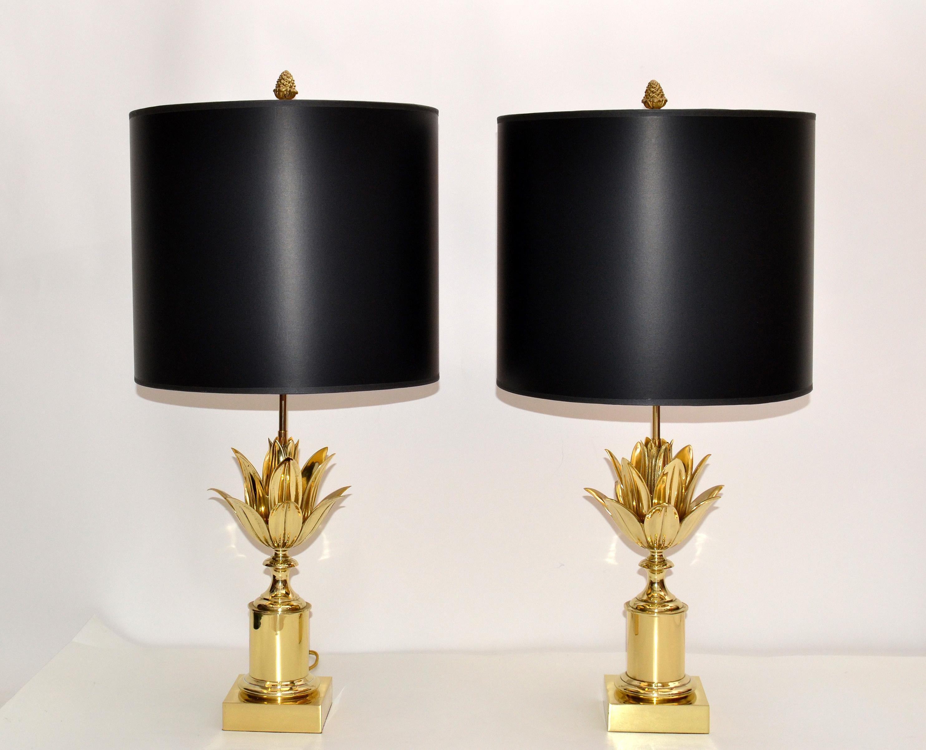 Lacquered Pair of Maison Charles Neoclassical Lotus Bronze Table Lamp Black & Gold Shade
