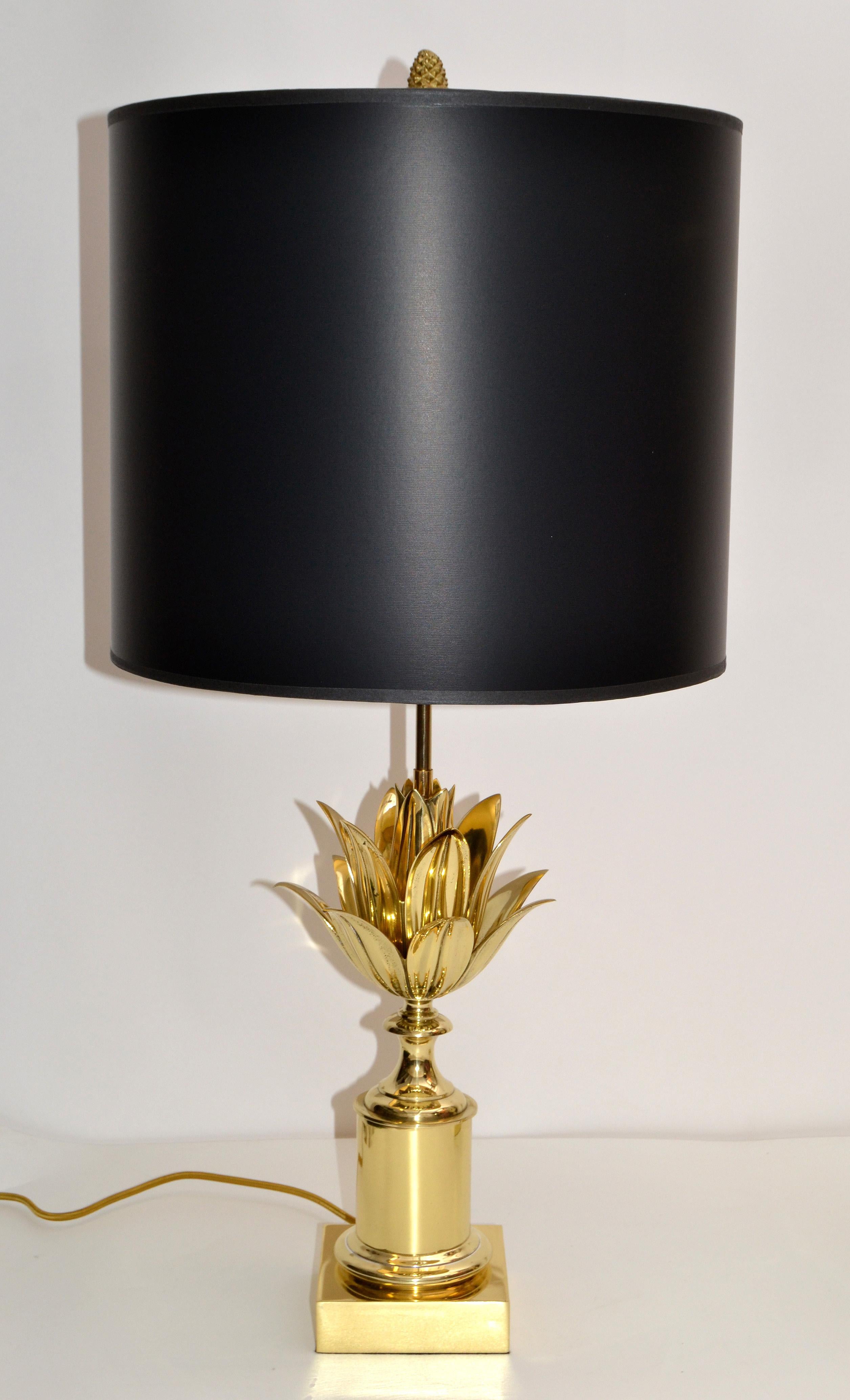 Pair of Maison Charles Neoclassical Lotus Bronze Table Lamp Black & Gold Shade In Good Condition In Miami, FL