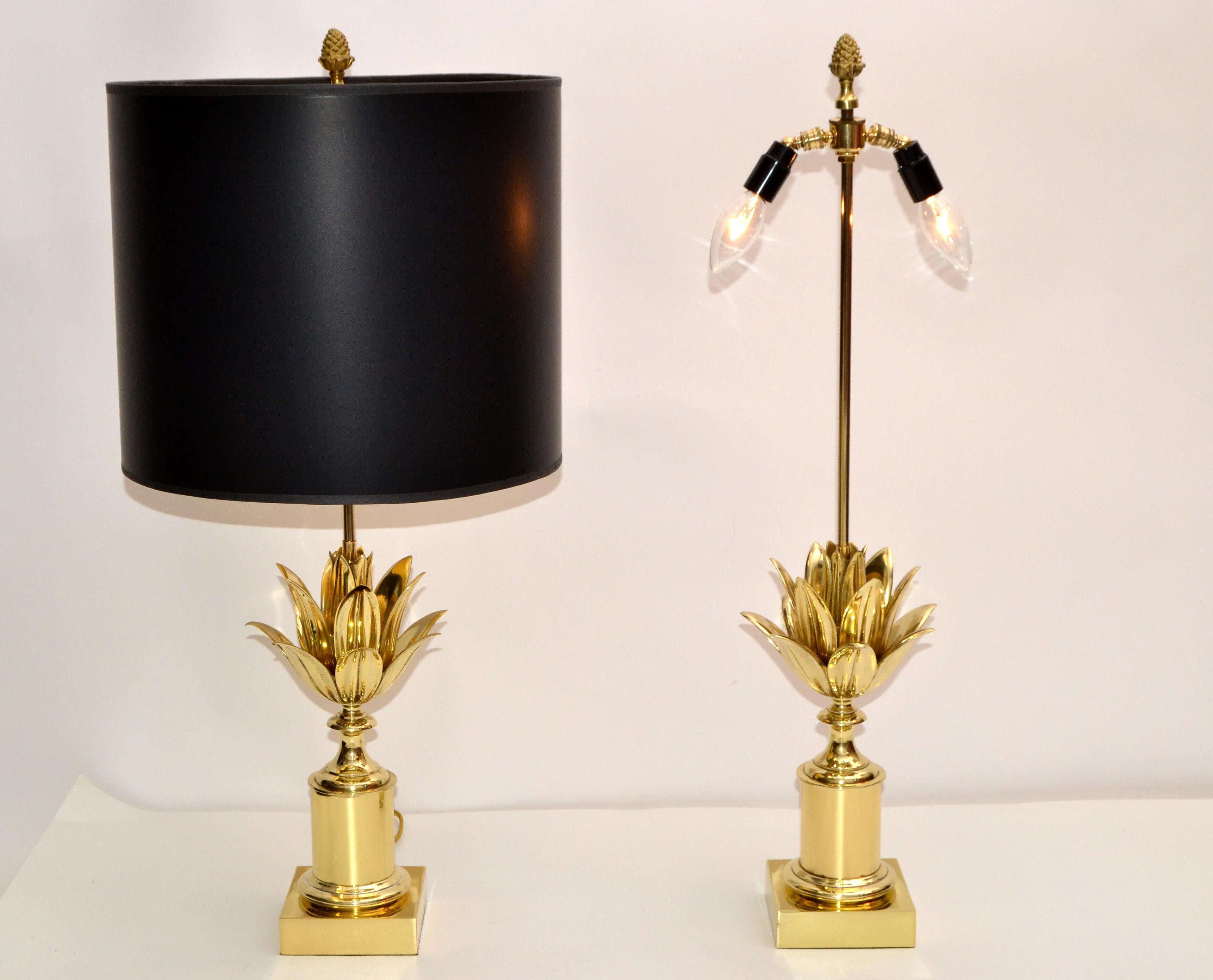 Mid-20th Century Pair of Maison Charles Neoclassical Lotus Bronze Table Lamp Black & Gold Shade