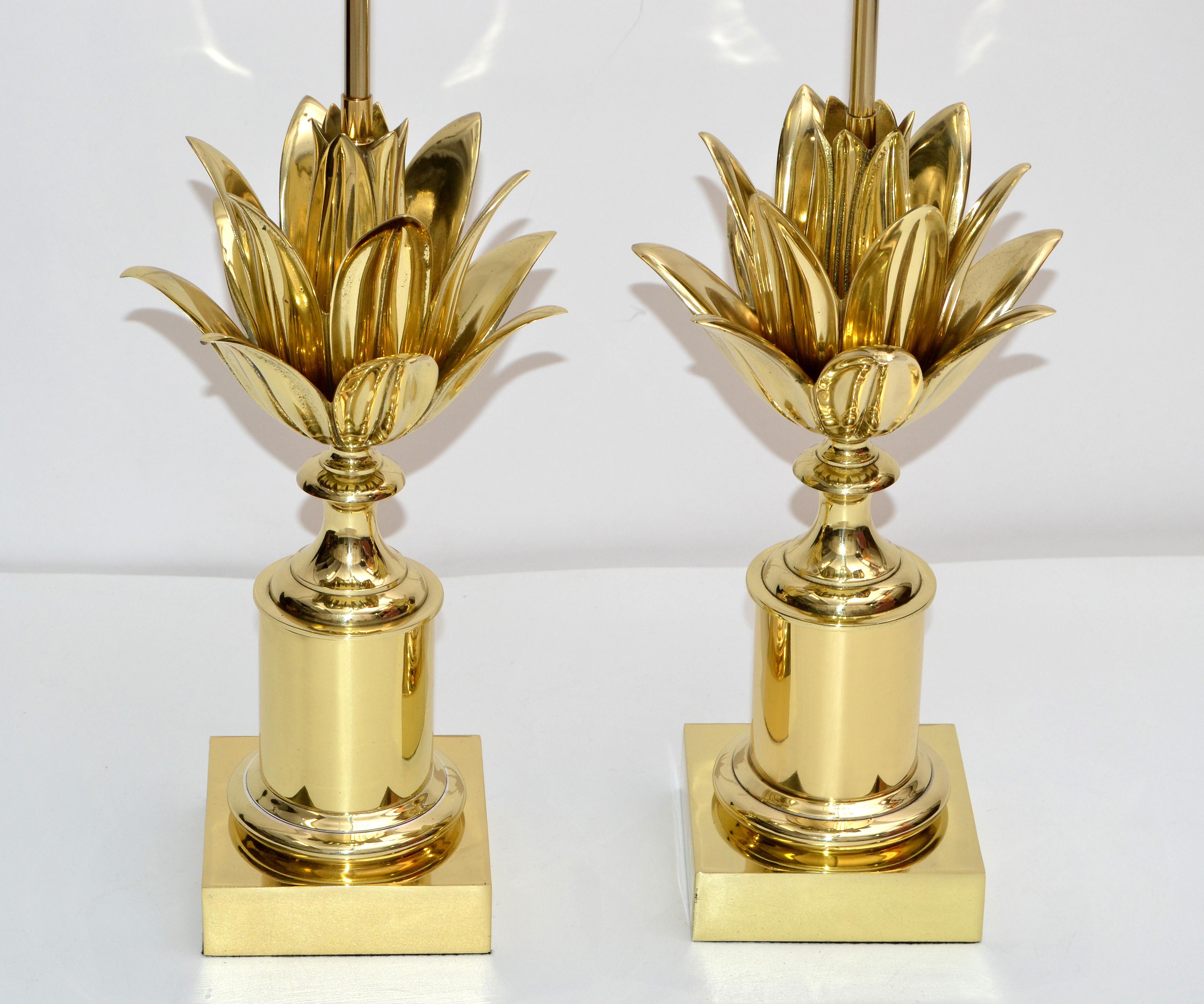 Pair of Maison Charles Neoclassical Lotus Bronze Table Lamp Black & Gold Shade 1