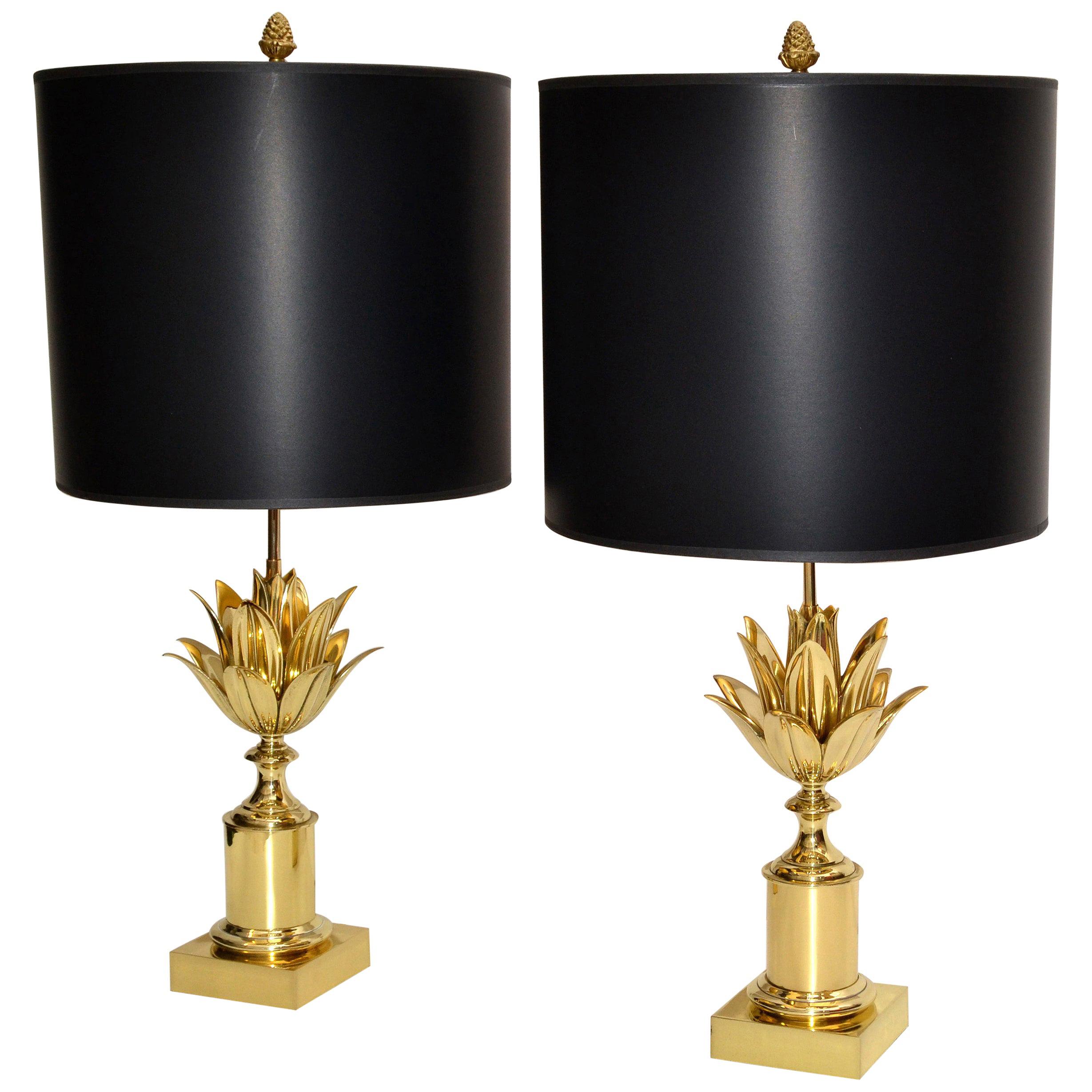 Pair of Maison Charles Neoclassical Lotus Bronze Table Lamp Black & Gold Shade