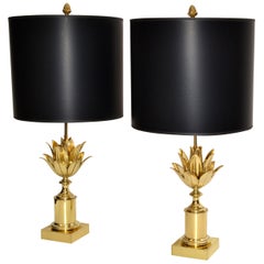 Pair of Maison Charles Neoclassical Lotus Bronze Table Lamp Black & Gold Shade