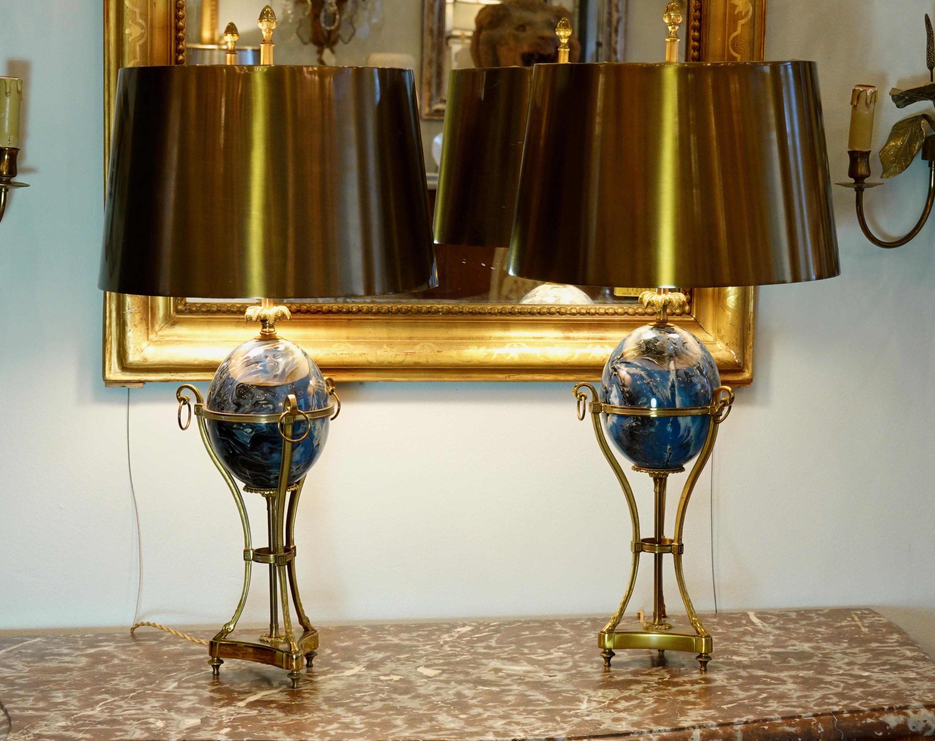Pair of Maison Charles Neoclassical Tripod Form Lamps with Blue Ostrich Egg 6