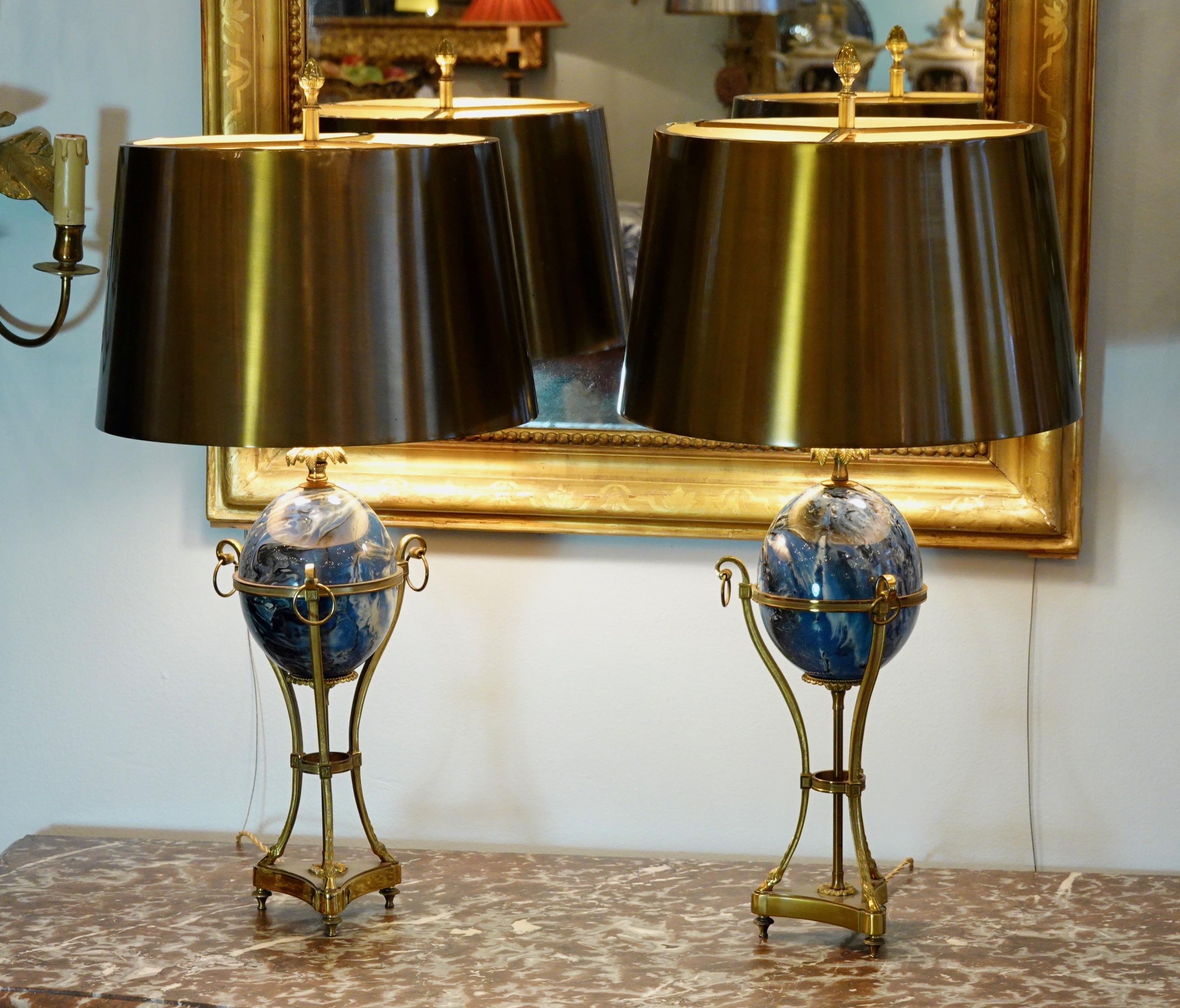 French Pair of Maison Charles Neoclassical Tripod Form Lamps with Blue Ostrich Egg