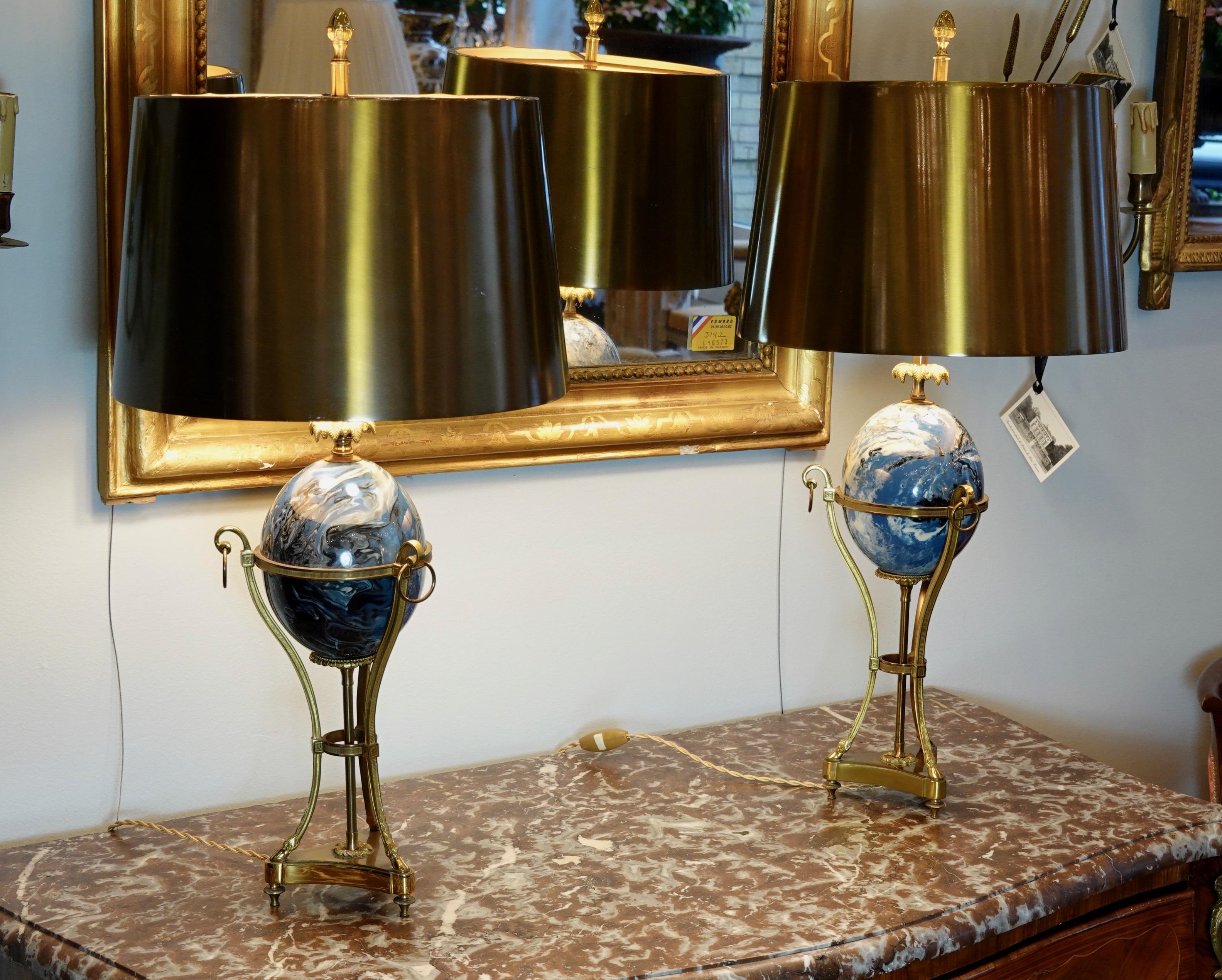 Gilt Pair of Maison Charles Neoclassical Tripod Form Lamps with Blue Ostrich Egg