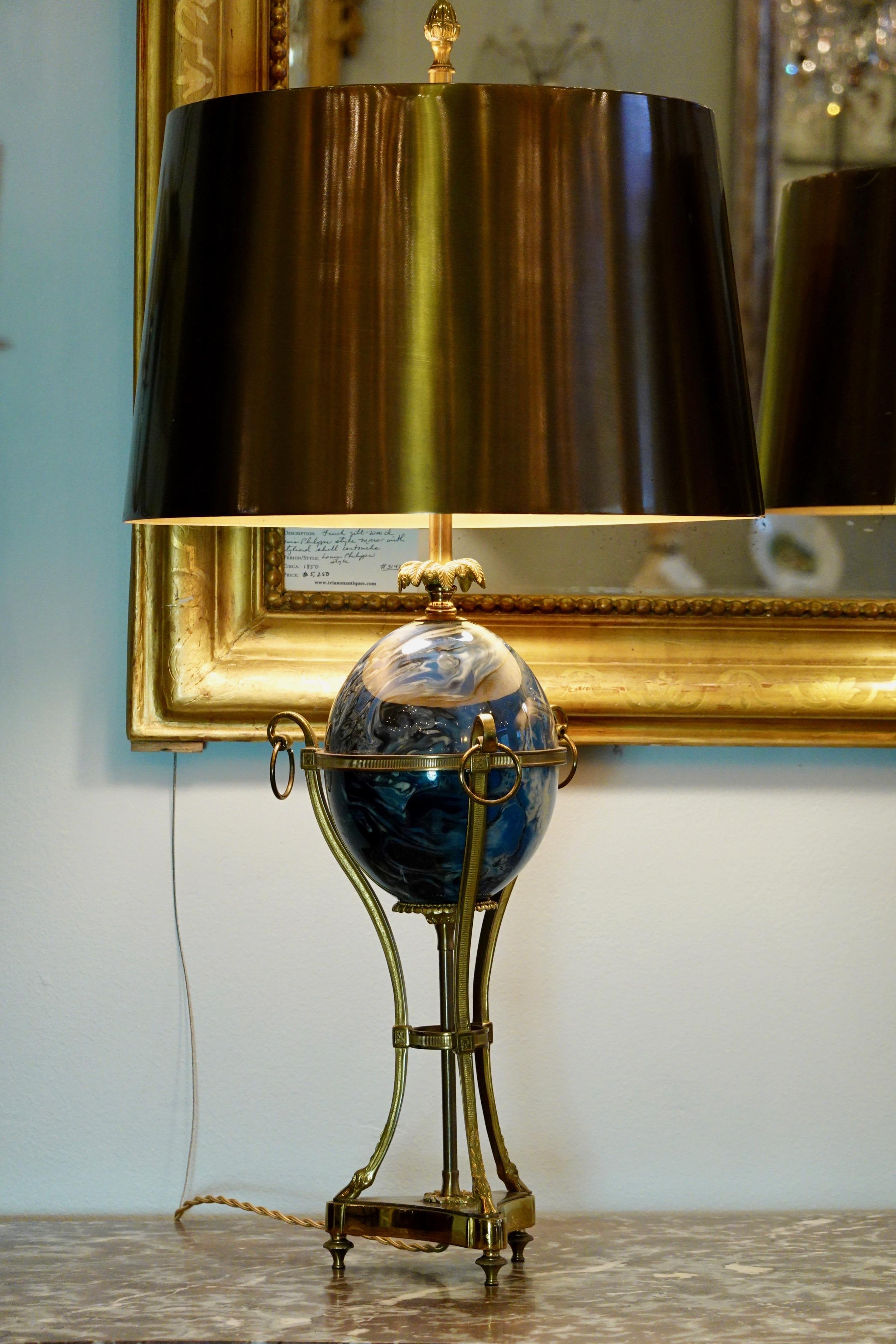 Pair of Maison Charles Neoclassical Tripod Form Lamps with Blue Ostrich Egg In Good Condition In Pembroke, MA