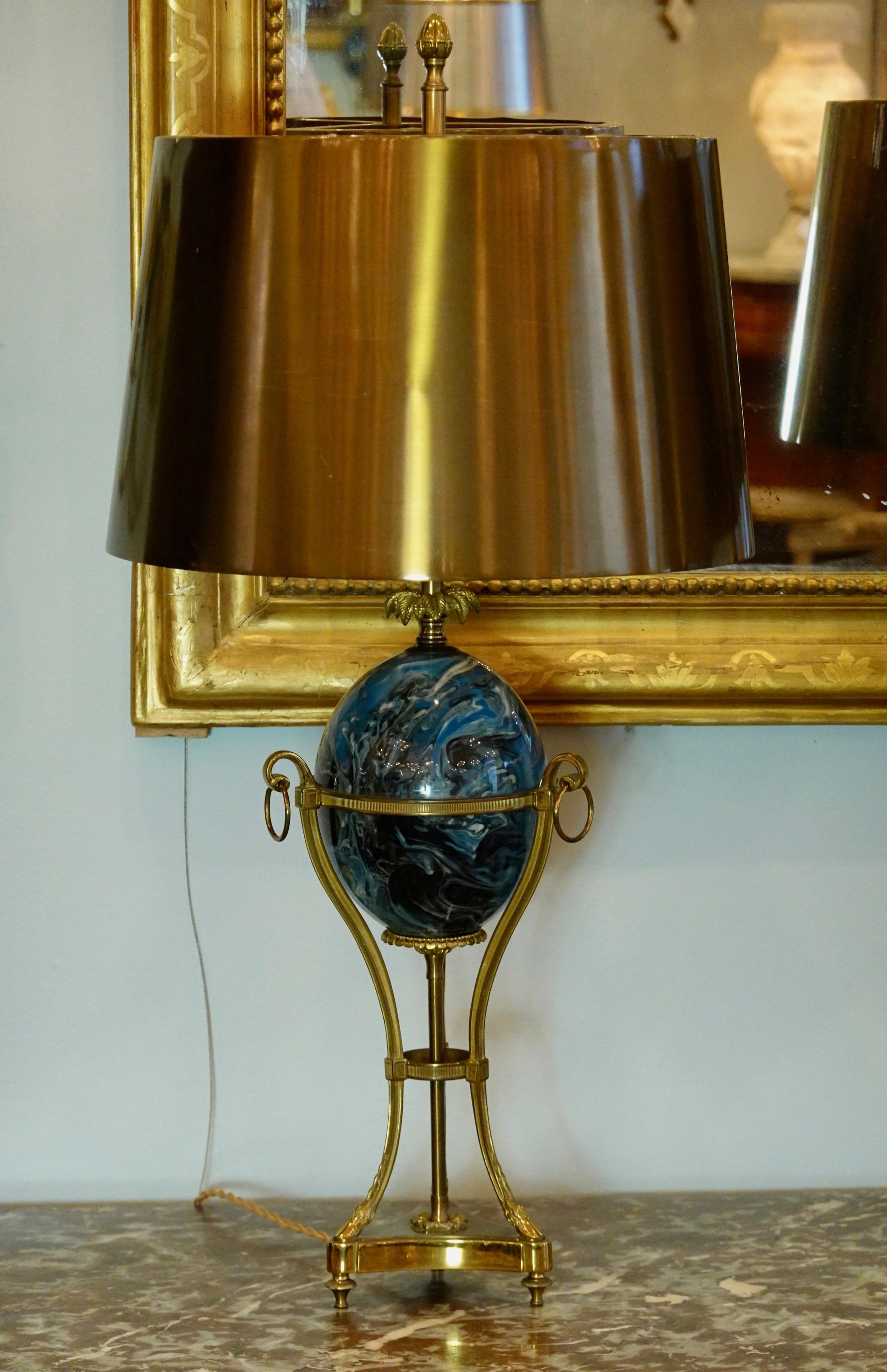 20th Century Pair of Maison Charles Neoclassical Tripod Form Lamps with Blue Ostrich Egg