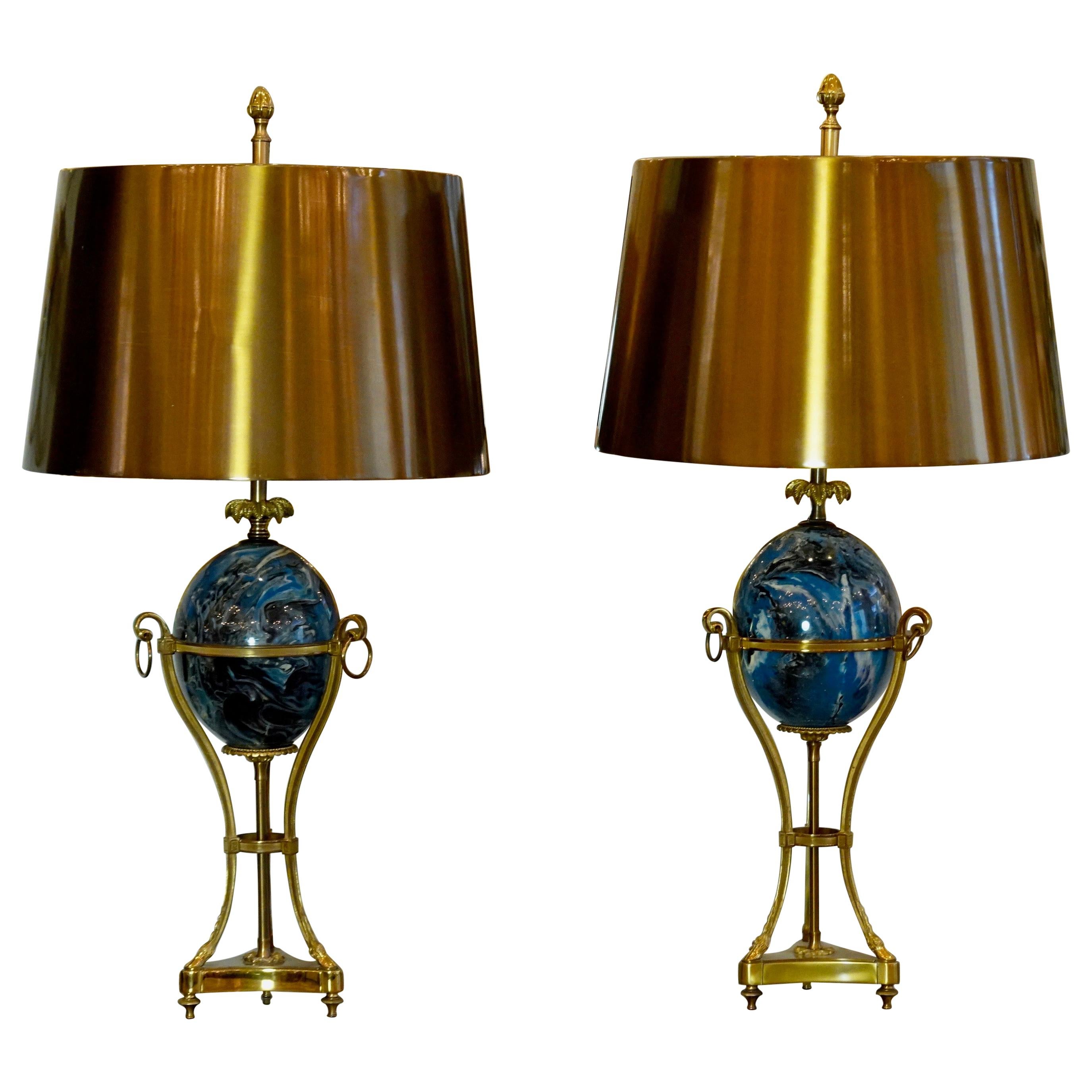Pair of Maison Charles Neoclassical Tripod Form Lamps with Blue Ostrich Egg
