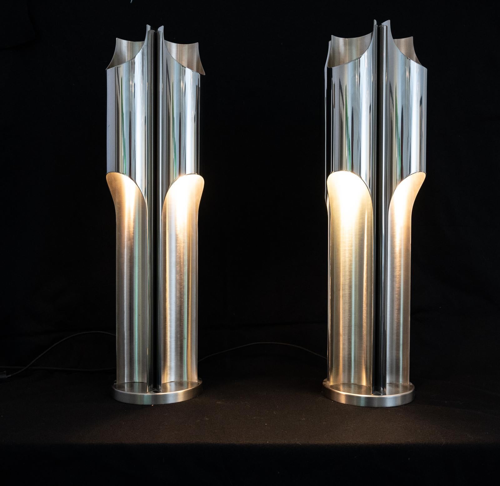A fine pair of Maison Charles stainless steel Orgue lamps

designed by Jacques Charles, signed to the base, original wiring with dimmer switches

France circa 2000s

Provenance: Charles Paris

(priced for the pair)

Measures: 67cm H x 20cm