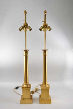 Pair of Maison Charles Paris France Colonne Empire Brass Table Lamps