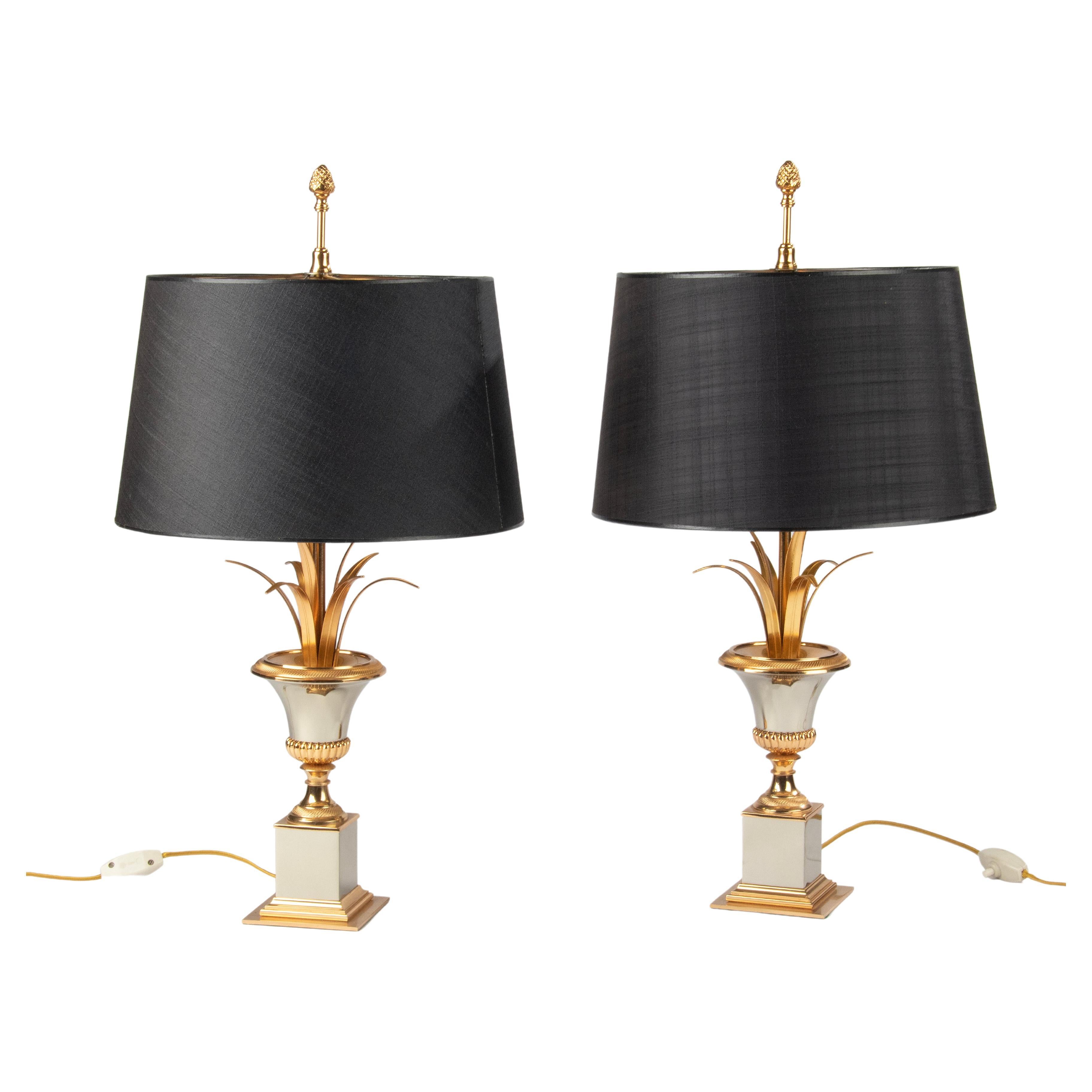 Pair of Maison Charles Style Brass and Chrome "Vase Roseaux" Table Lamps