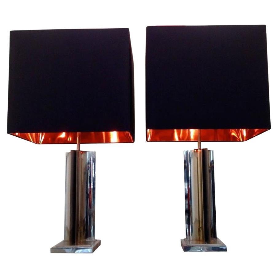 Pair of 1960s Maison Charles Style French chrome Lamps For Sale