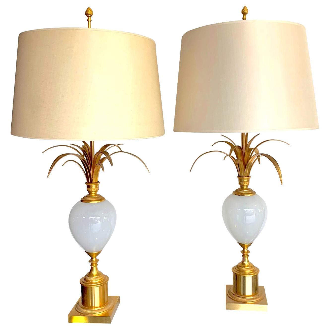 Pair of Maison Charles Style Lamps by S A Boulanger with Opaline Glass Eggs