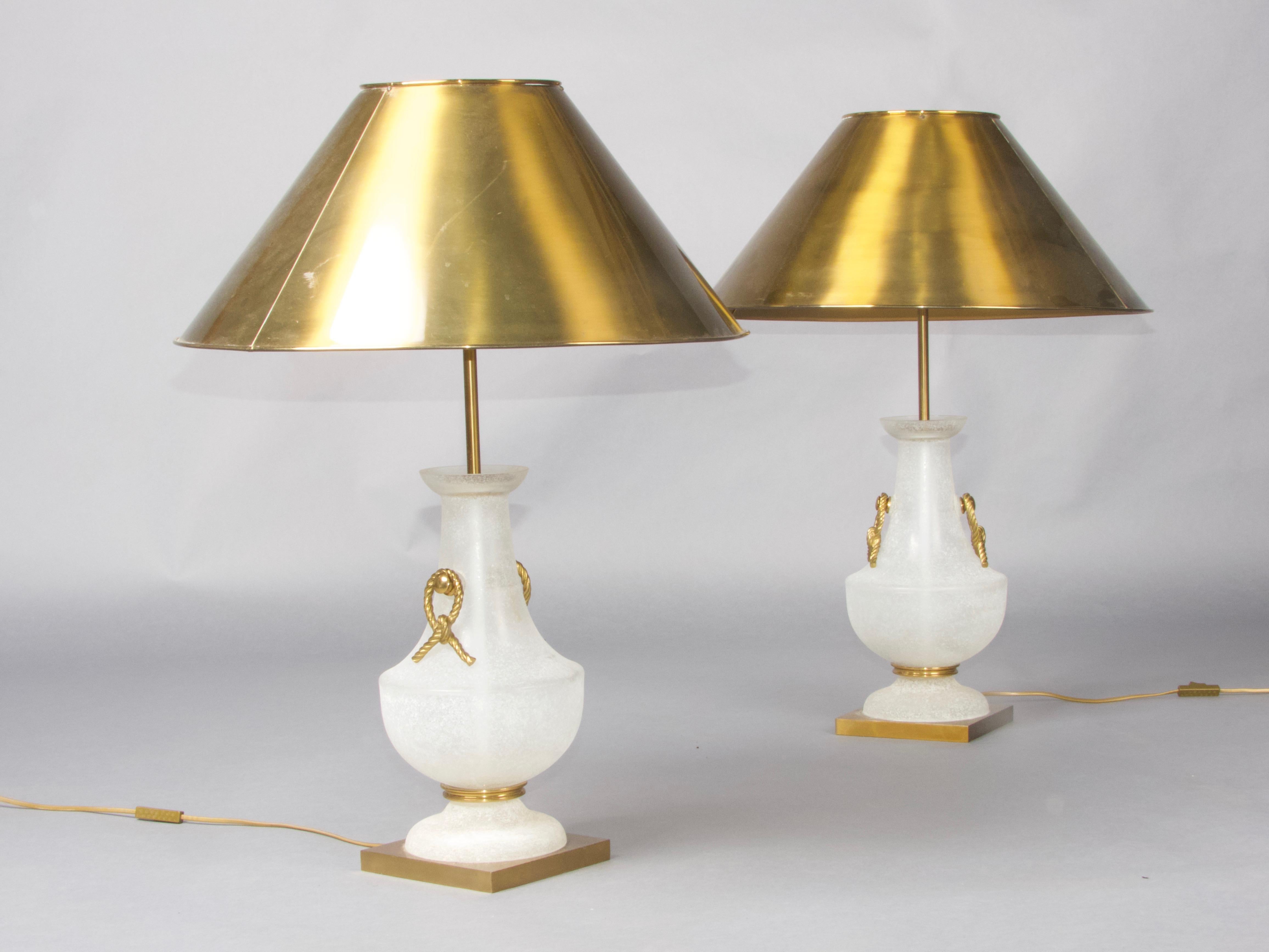 Pair of Maison Charles brass and glass table lamp signed on the base