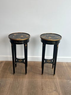 Pair of Black Lacquered Wood Side Tables with Gilt Chinoiserie by Maison Hirsh