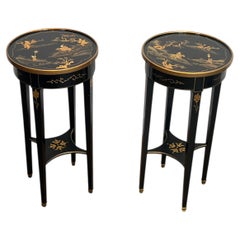 Pair of Black Lacquered Wood Side Tables with Gilt Chinoiserie by Maison Hirsh