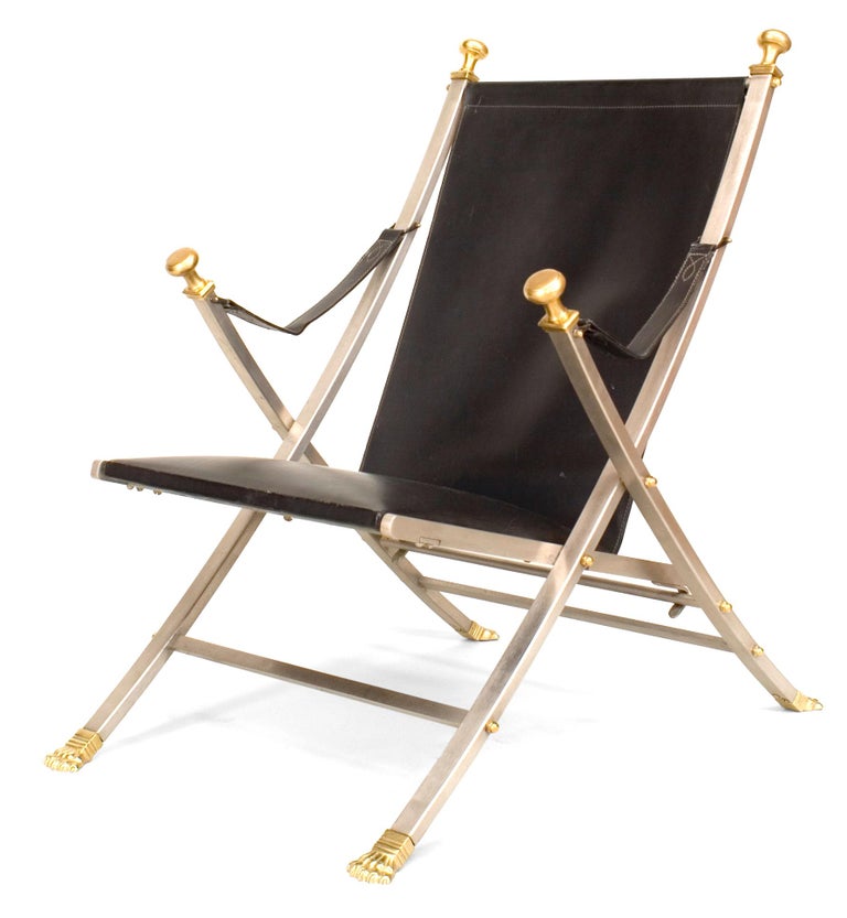 Pair of Maison Jansen Attributed Leather Campaign Chairs For Sale at