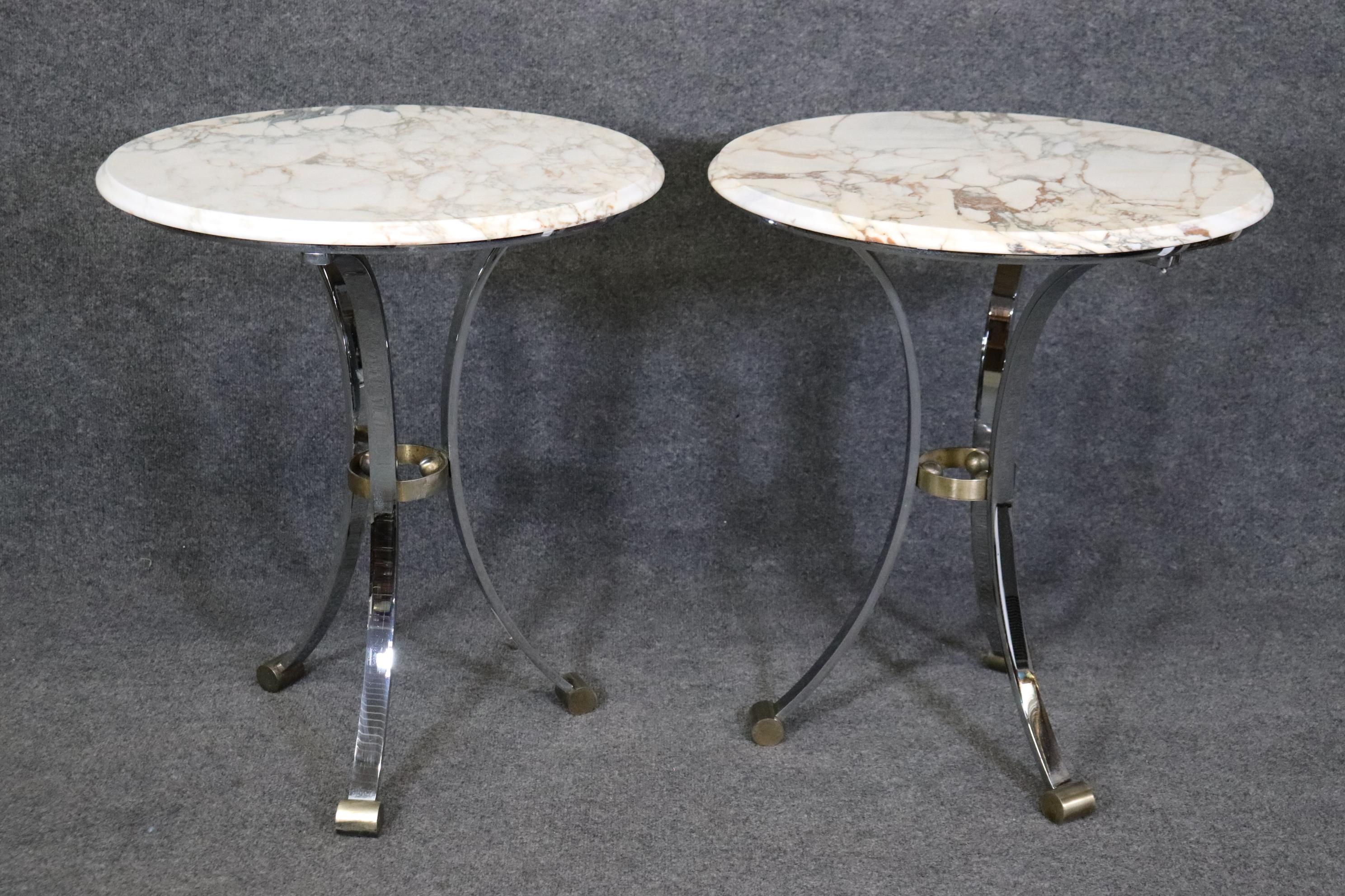 Hollywood Regency Pair of Maison Jansen Attributed Marble Top Gueridon Tables, End Tables For Sale