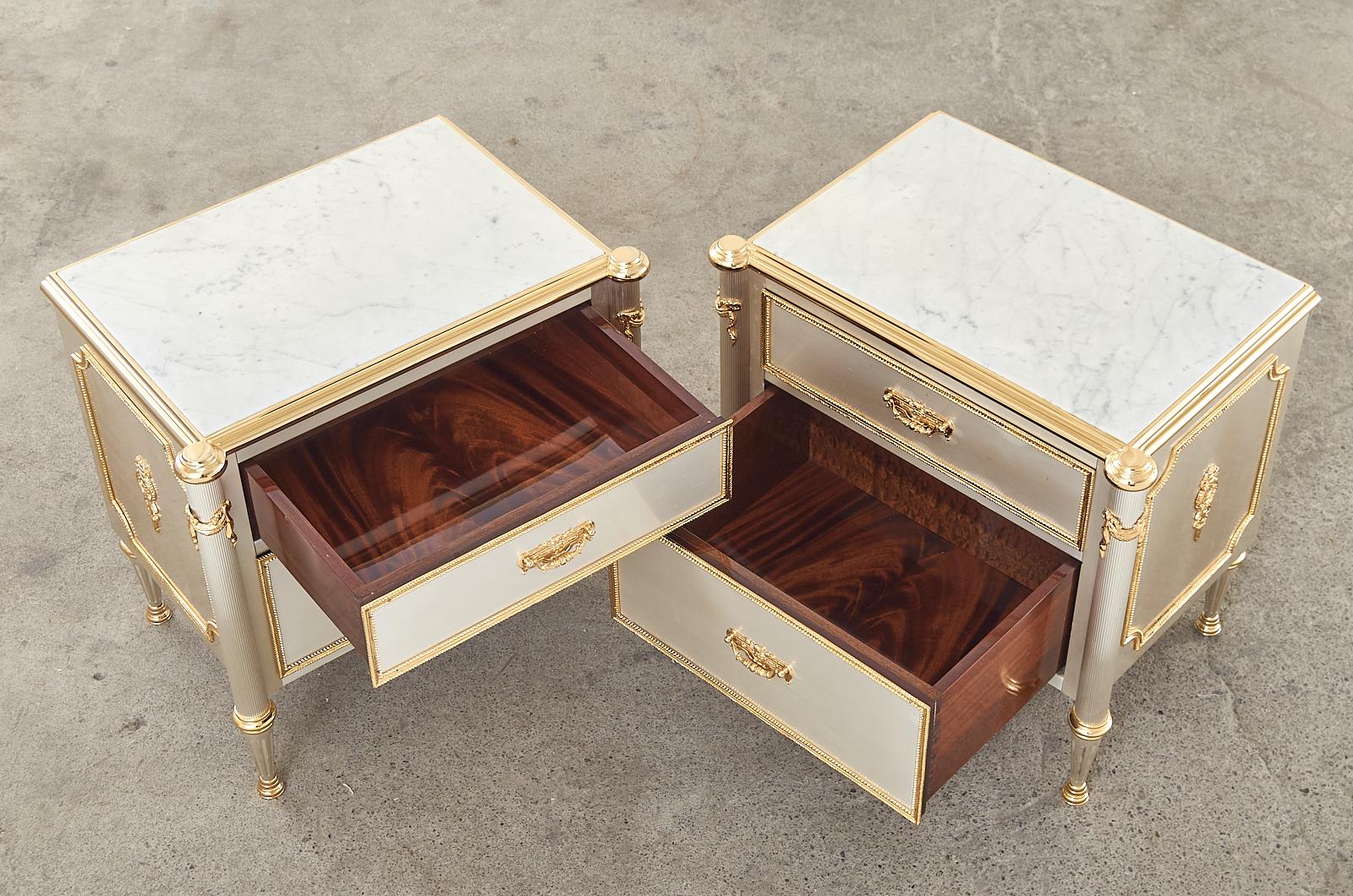 French Pair of Maison Jansen Attributed Neoclassical Steel Marble Commode Chests