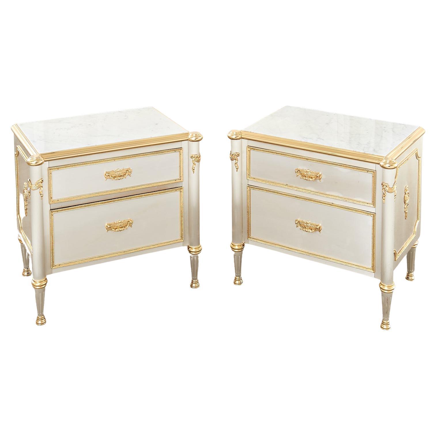 Pair of Maison Jansen Attributed Neoclassical Steel Marble Commode Chests