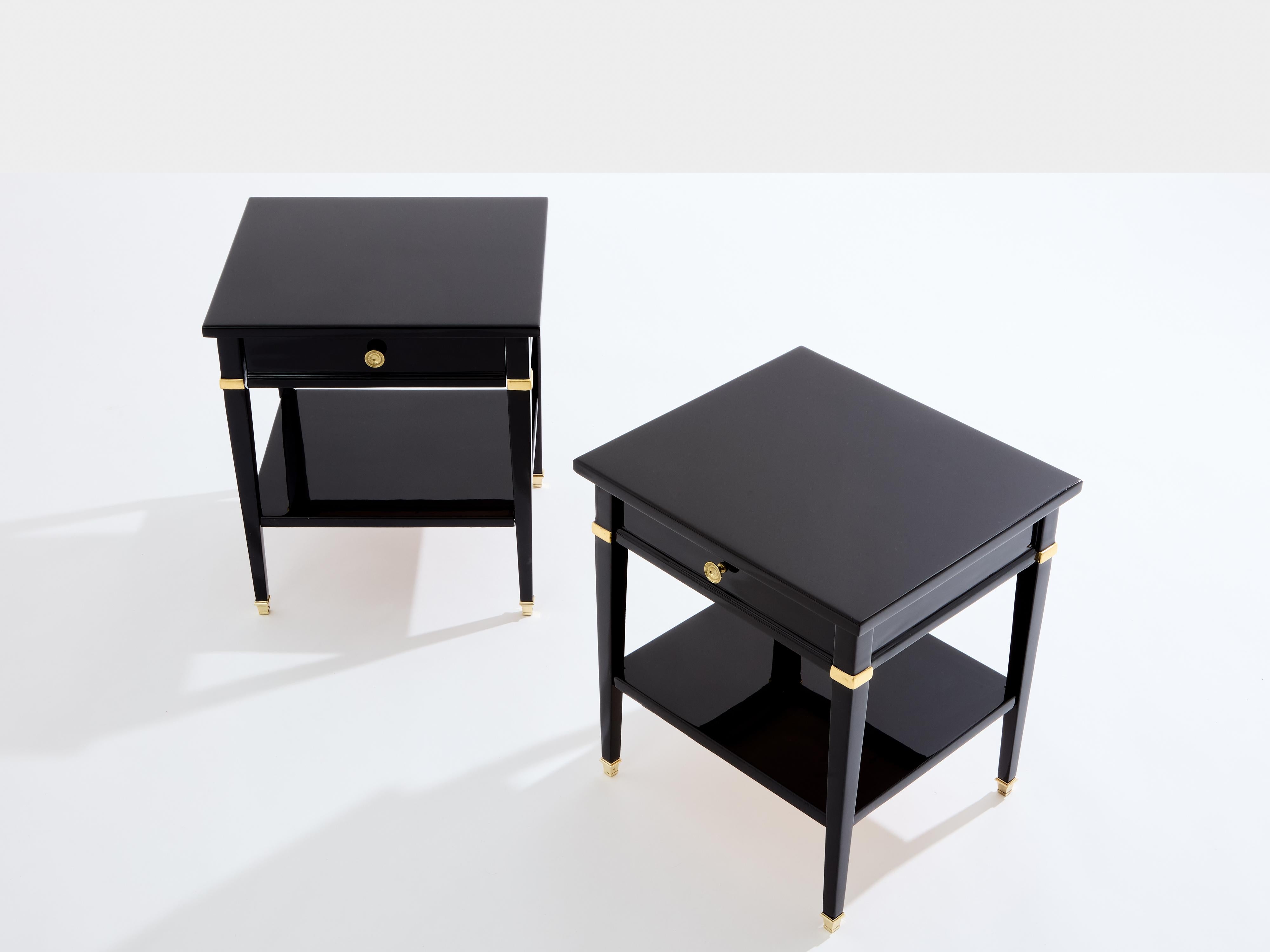 Neoclassical Pair of Maison Jansen black lacquer and brass nightstands 1960s