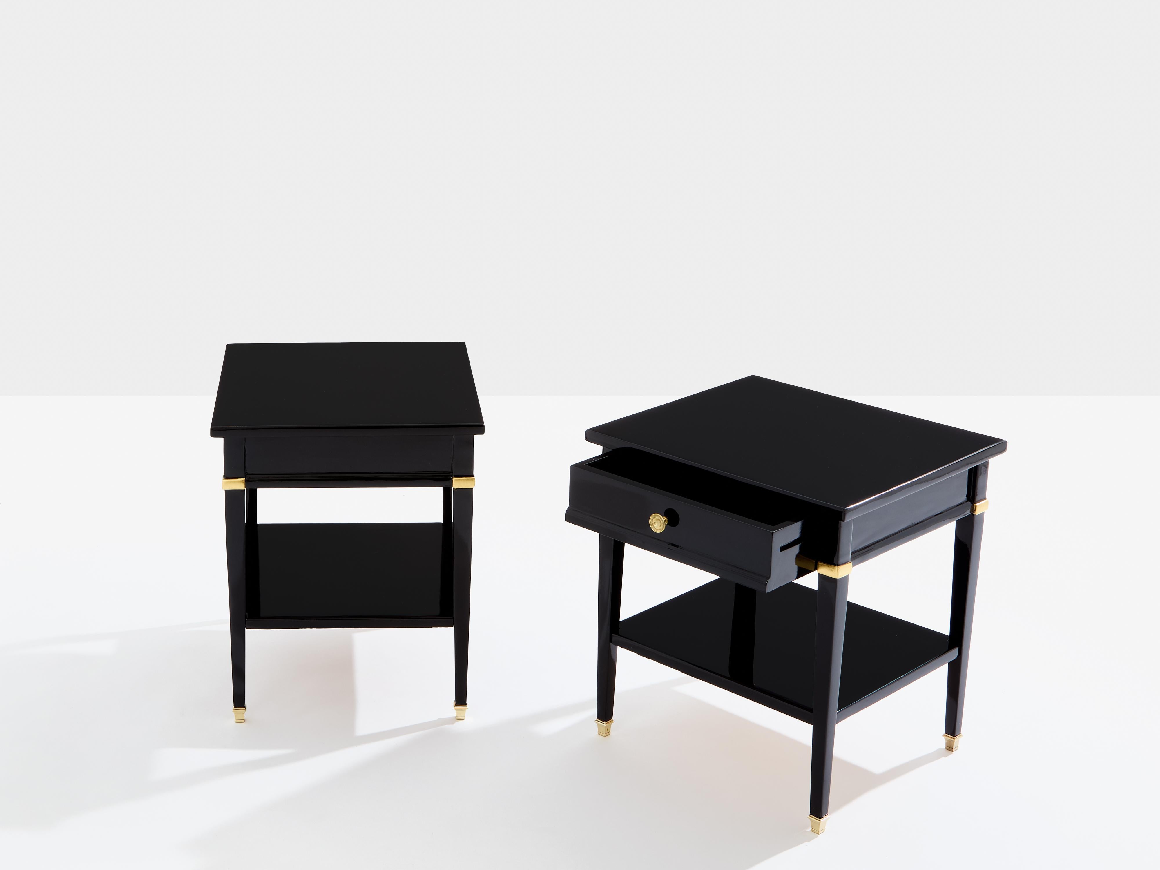 French Pair of Maison Jansen black lacquer and brass nightstands 1960s