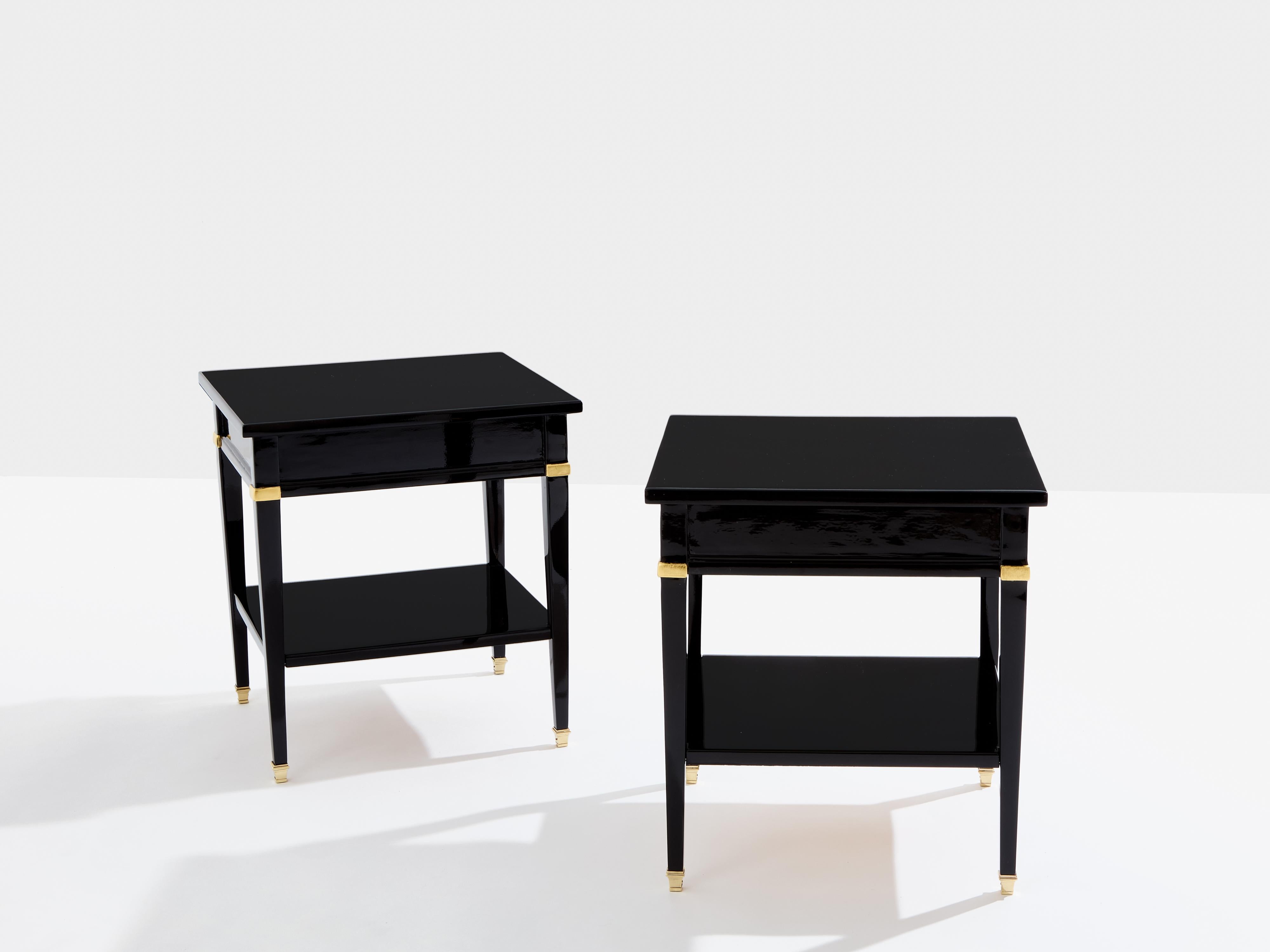 Pair of Maison Jansen black lacquer and brass nightstands 1960s In Good Condition In Paris, IDF