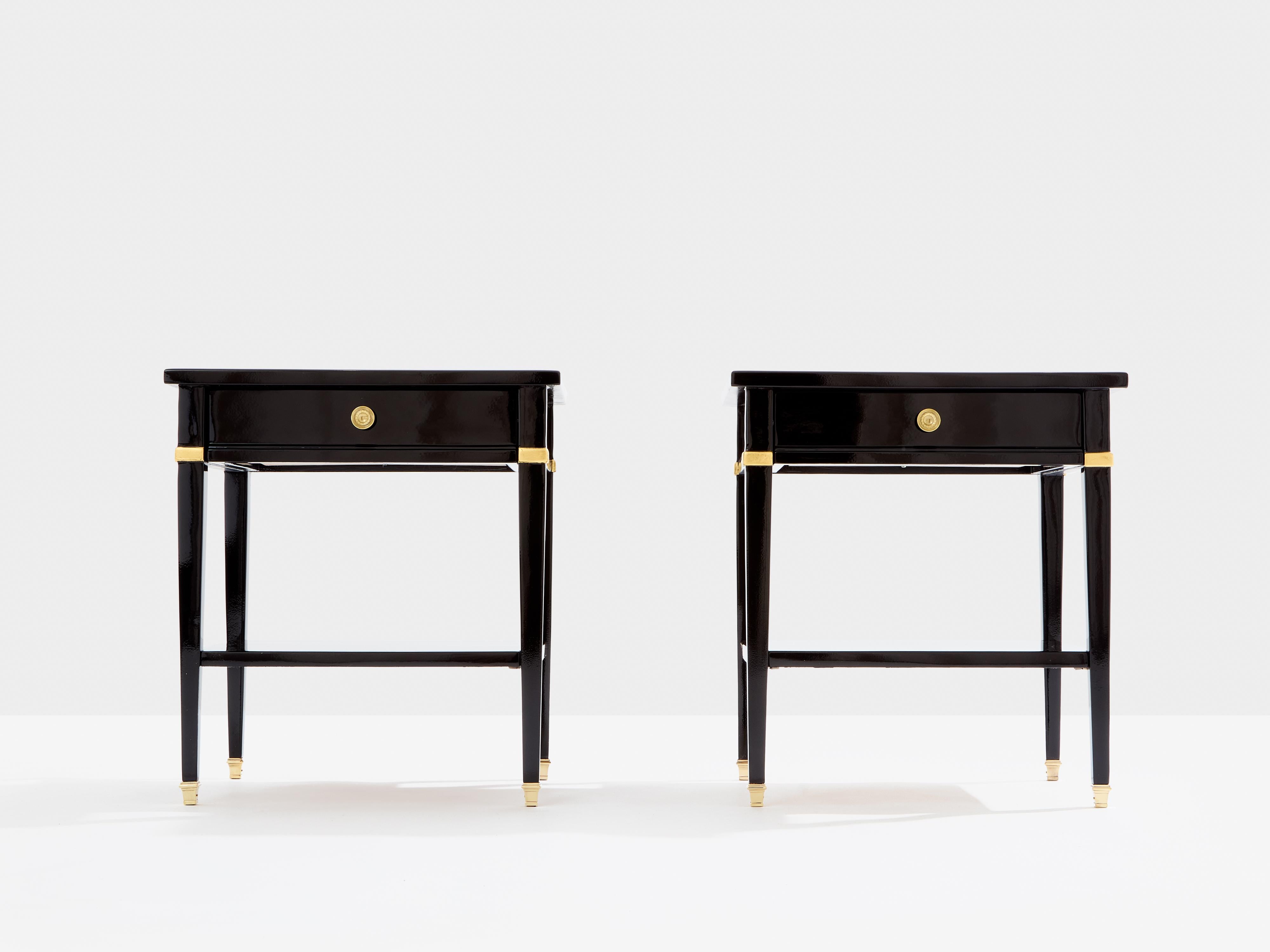 Mid-20th Century Pair of Maison Jansen black lacquer and brass nightstands 1960s
