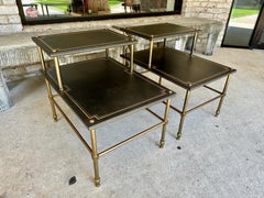 Pair of Maison Jansen Black Leather and Brass Two-Tiered Side Tables