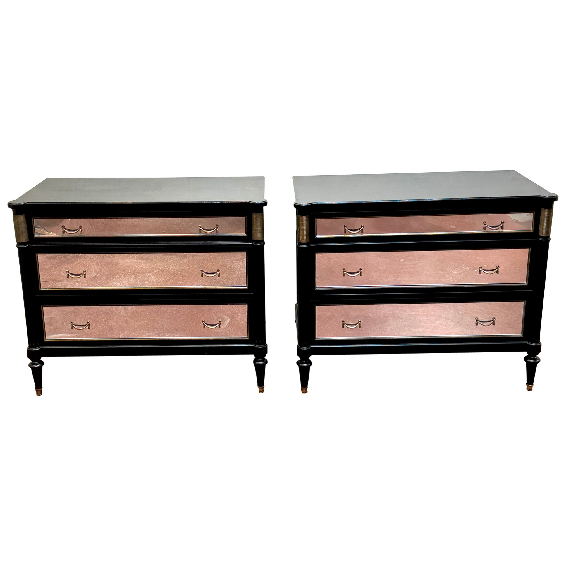 Paire de commodes noires et miroirs de Maison Jansen