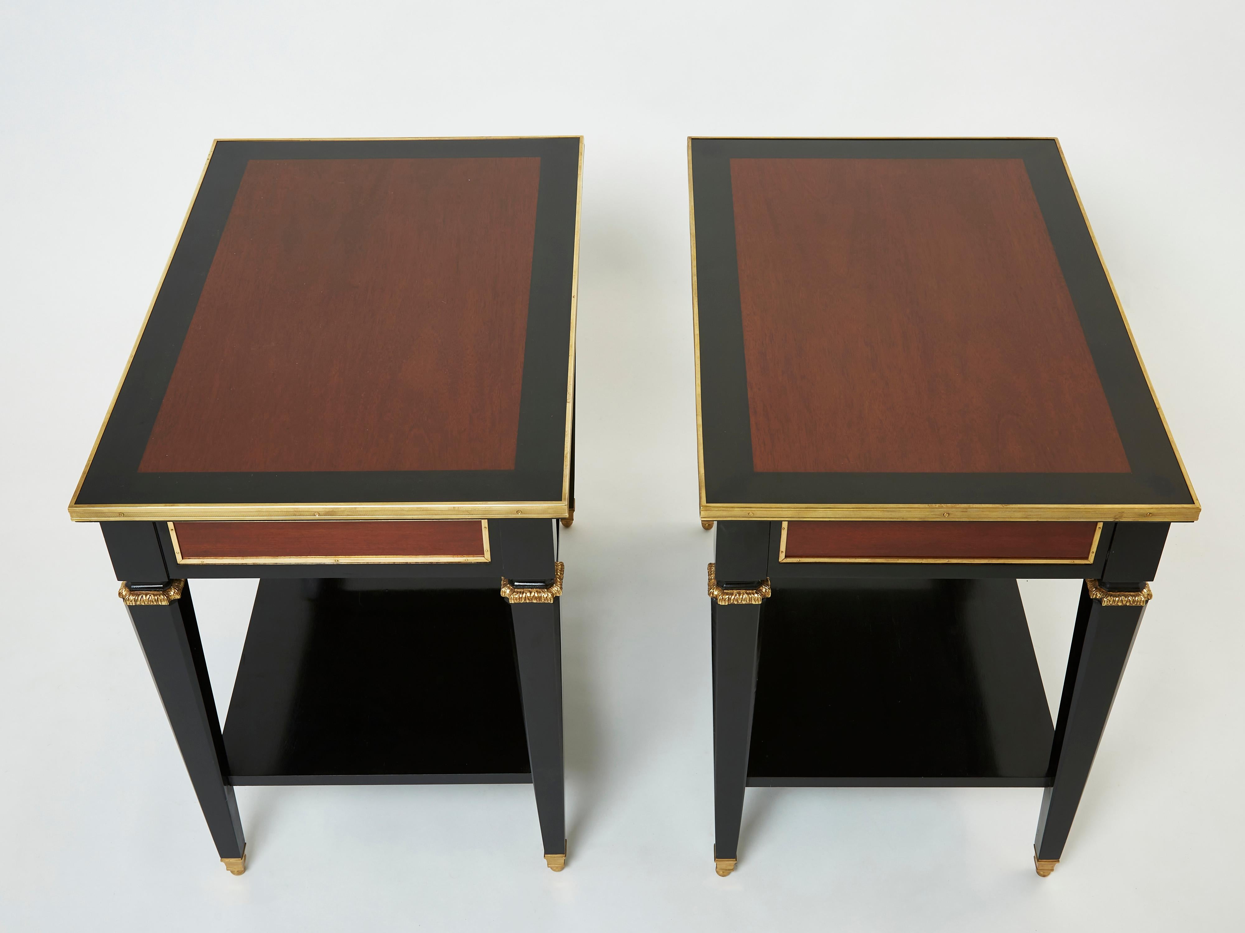 Pair of Maison Jansen Black Wood Mahogany Brass End Tables, 1950s 4